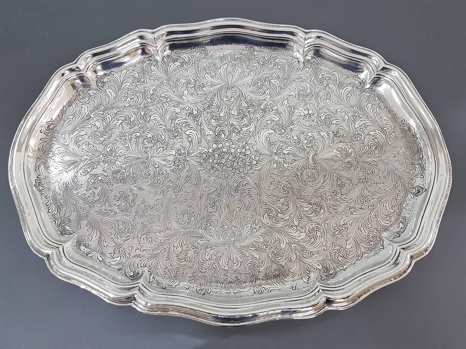 19th Century Italian Silver Oval Baroque Tray, Completely Engraved by Hand For Sale 4