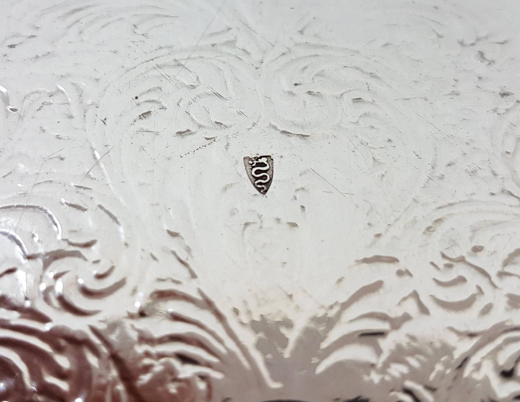 Burnished 19th Century Italian Silver Oval Baroque Tray, Completely Engraved by Hand For Sale