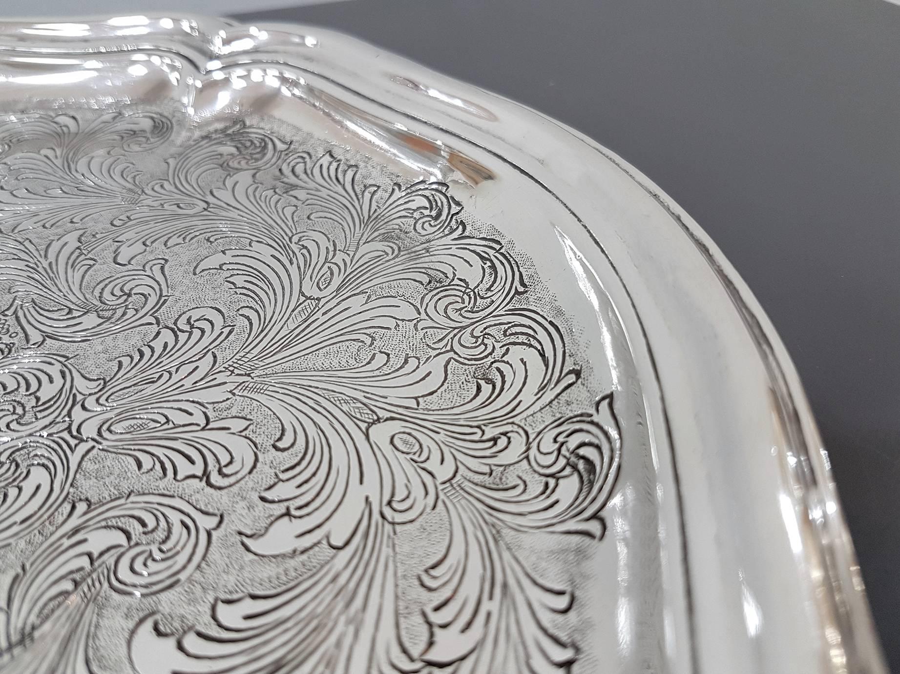 19th Century Italian Silver Oval Baroque Tray, Completely Engraved by Hand For Sale 1