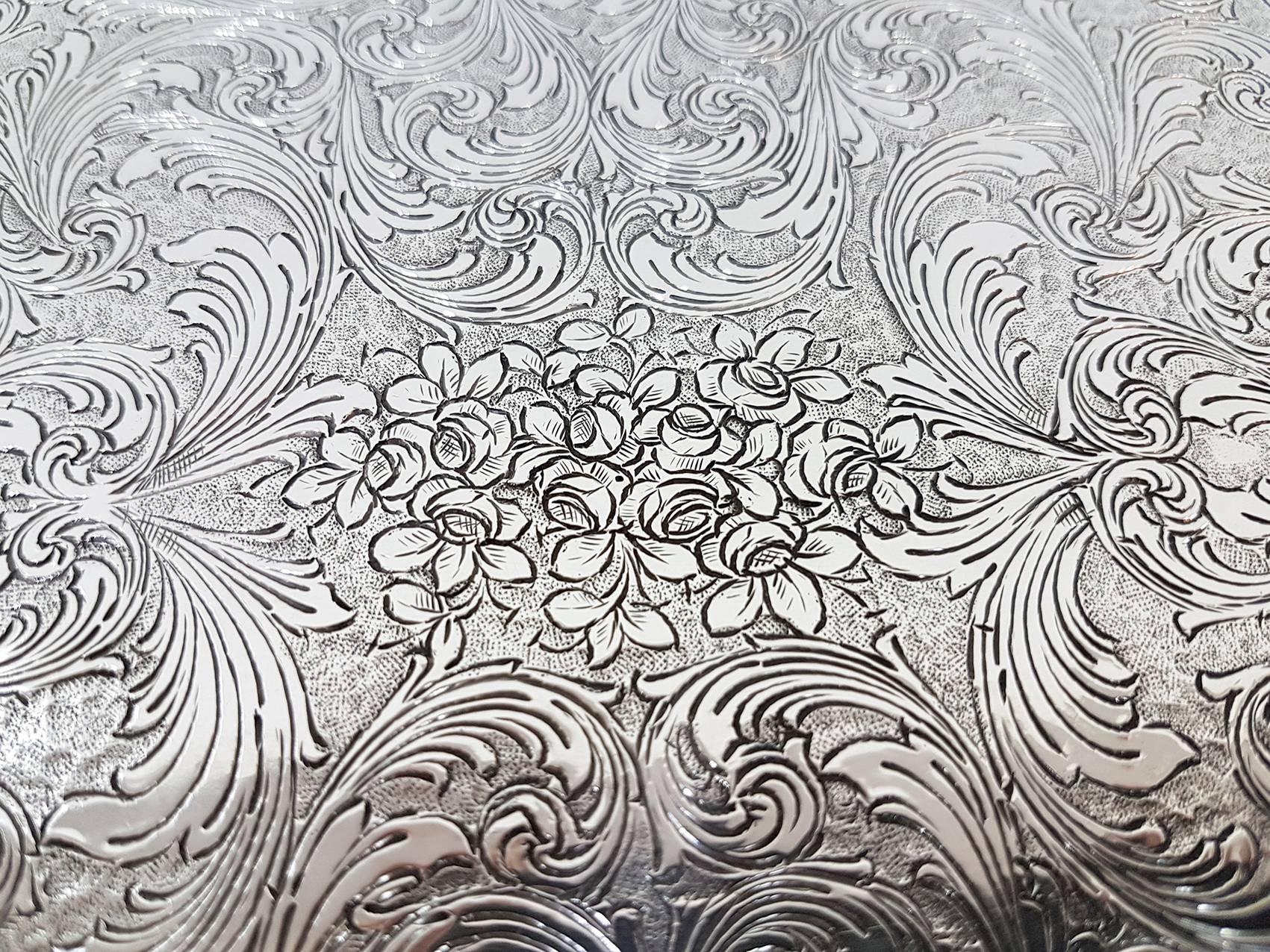 19th Century Italian Silver Oval Baroque Tray, Completely Engraved by Hand For Sale 2