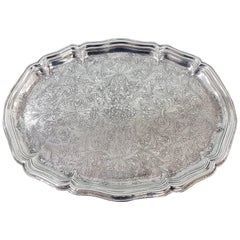 19th Century Italian Silver Oval Baroque Tray, Completely Engraved by Hand