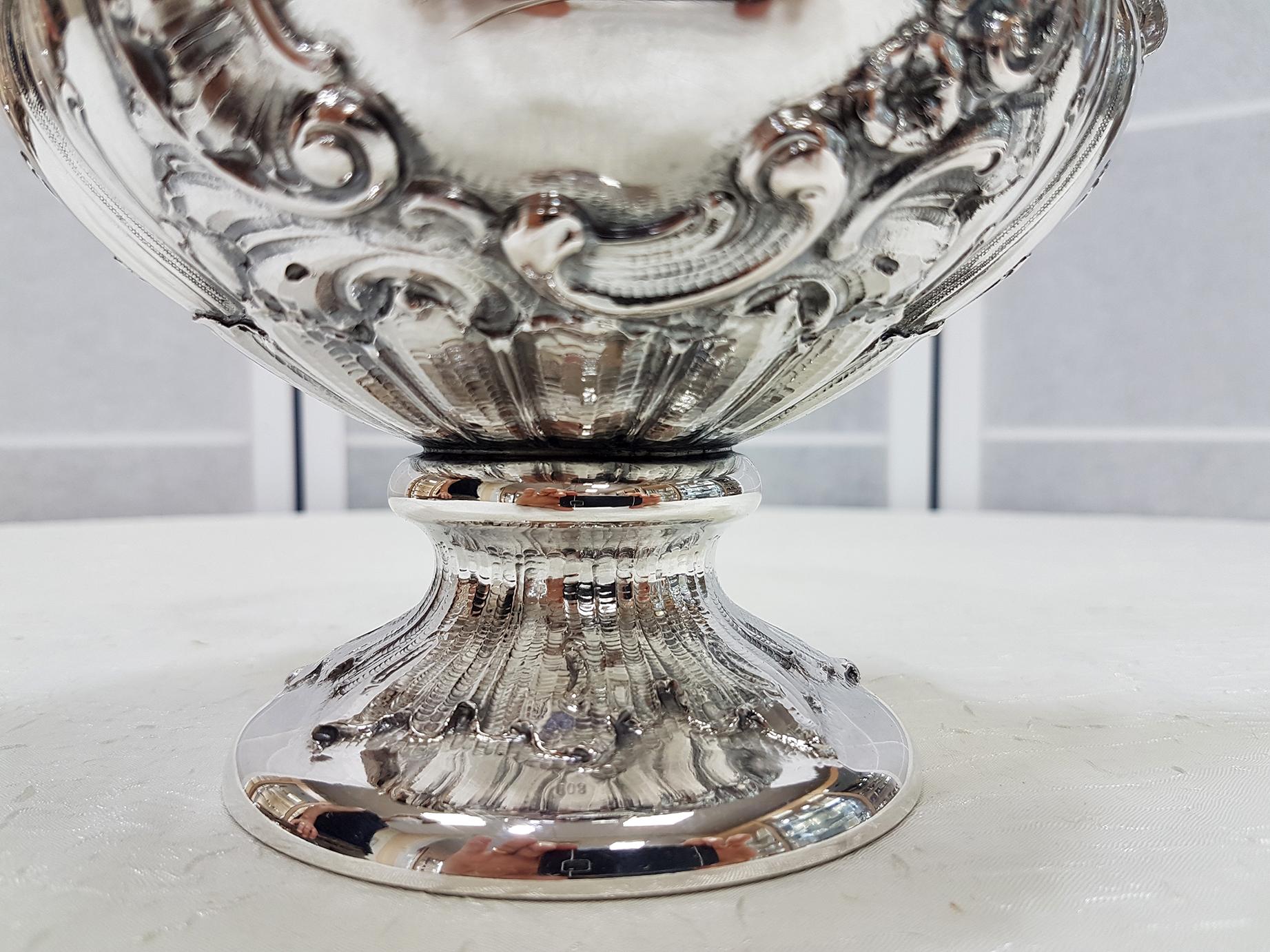 19th Century Italian Silver Vase Barocco Style with Handles and Gilded Inside For Sale 5