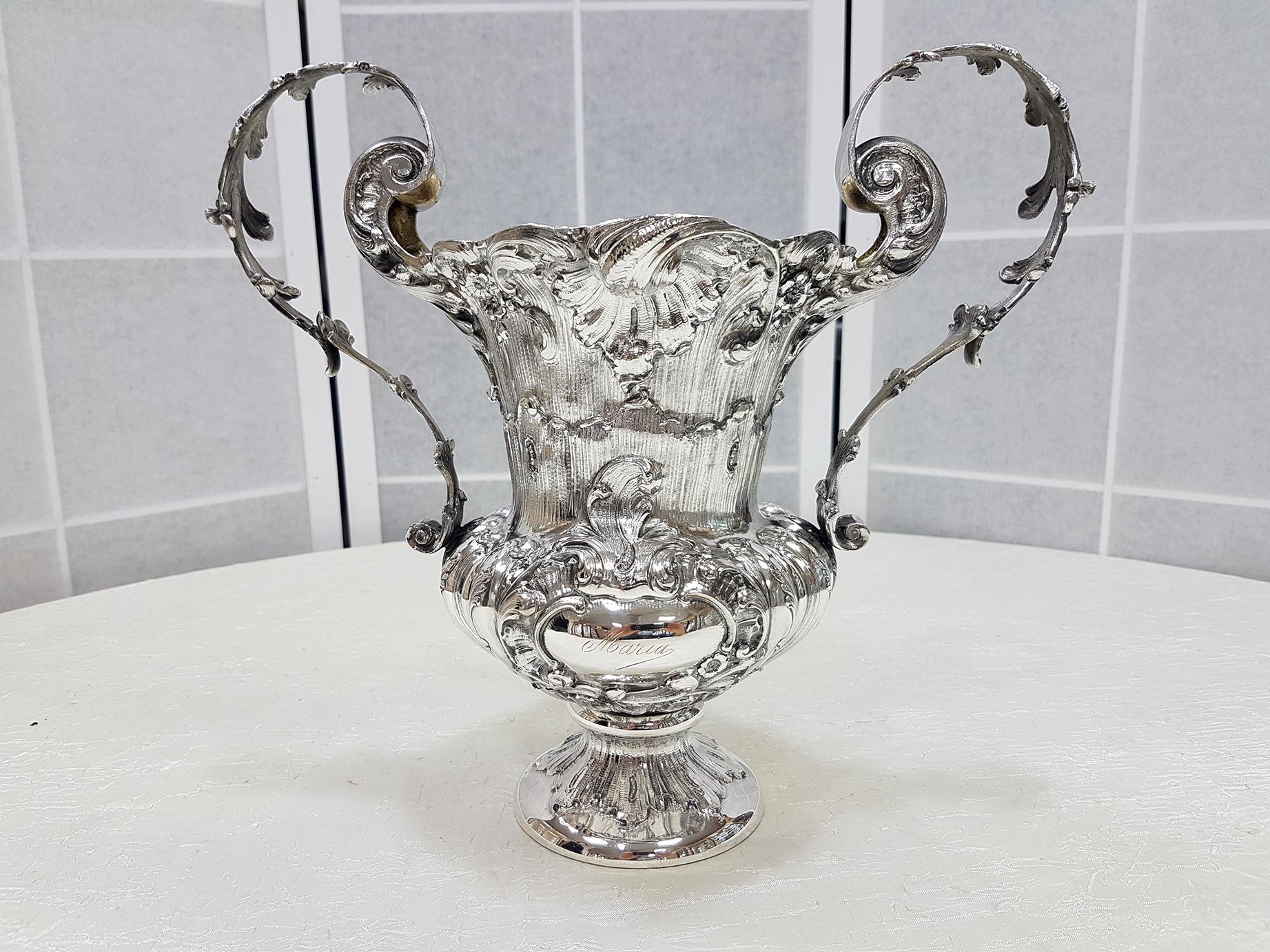 19th Century Italian Silver Vase Barocco Style with Handles and Gilded Inside For Sale 9