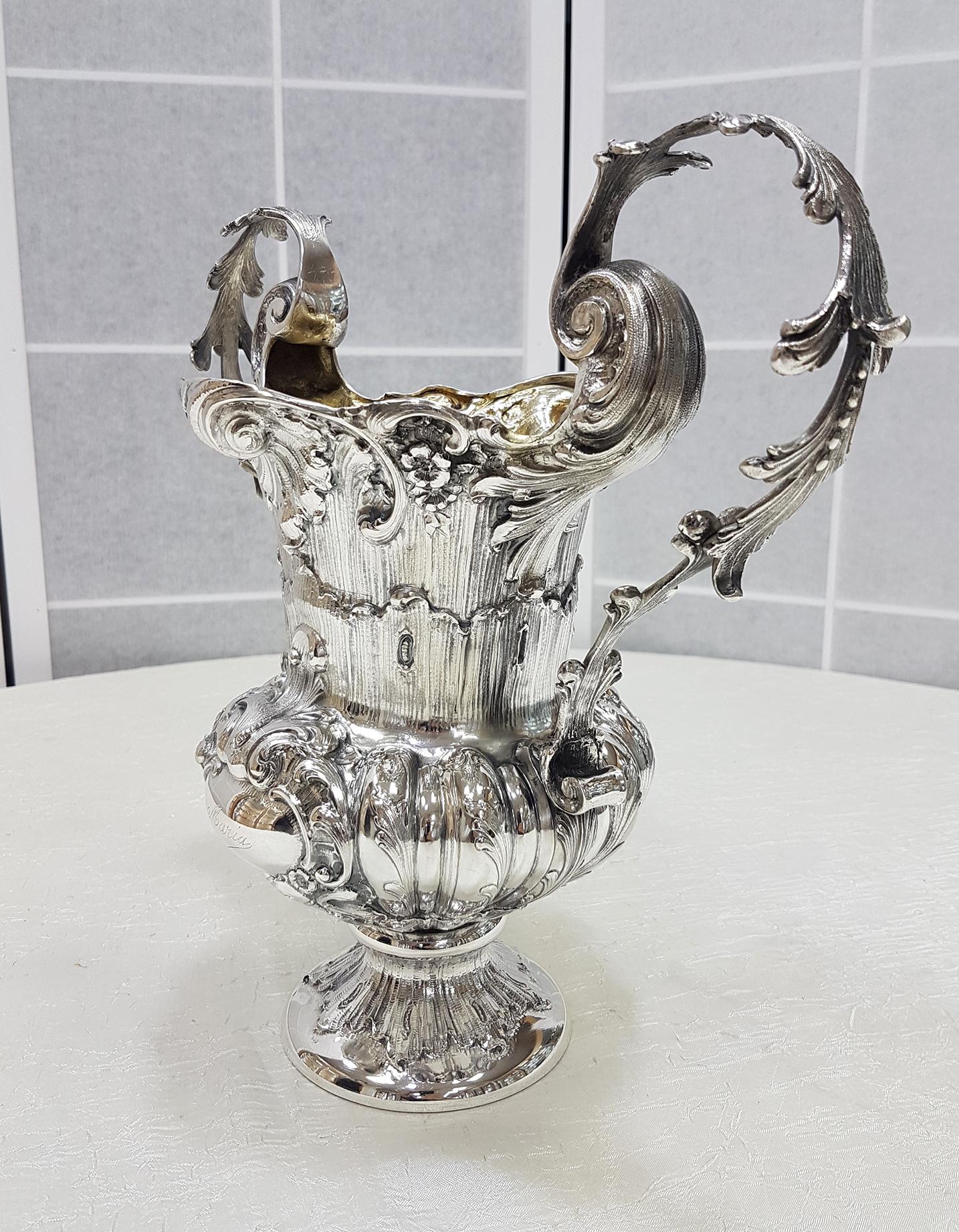 Baroque 19th Century Italian Silver Vase Barocco Style with Handles and Gilded Inside For Sale