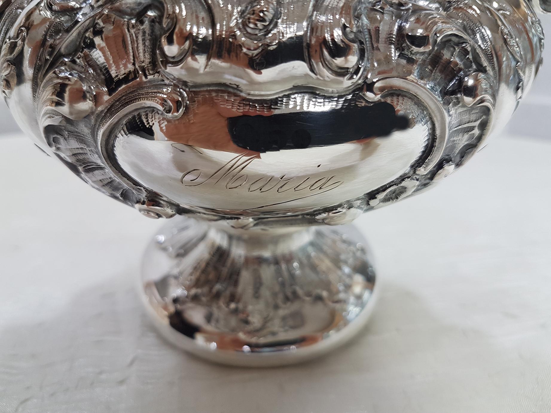 Gilt 19th Century Italian Silver Vase Barocco Style with Handles and Gilded Inside For Sale