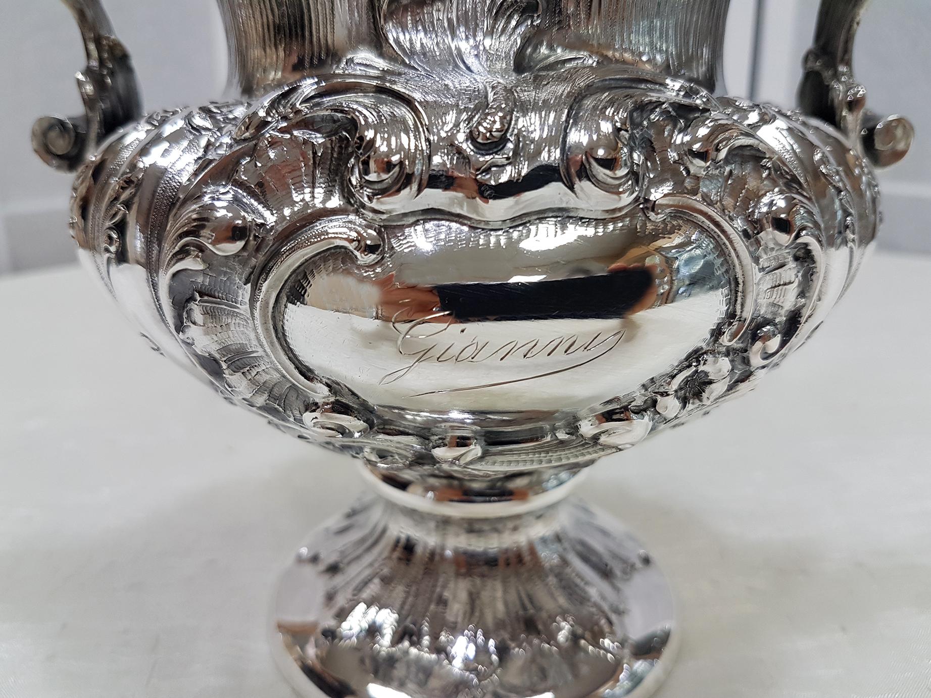 19th Century Italian Silver Vase Barocco Style with Handles and Gilded Inside In Excellent Condition For Sale In VALENZA, IT