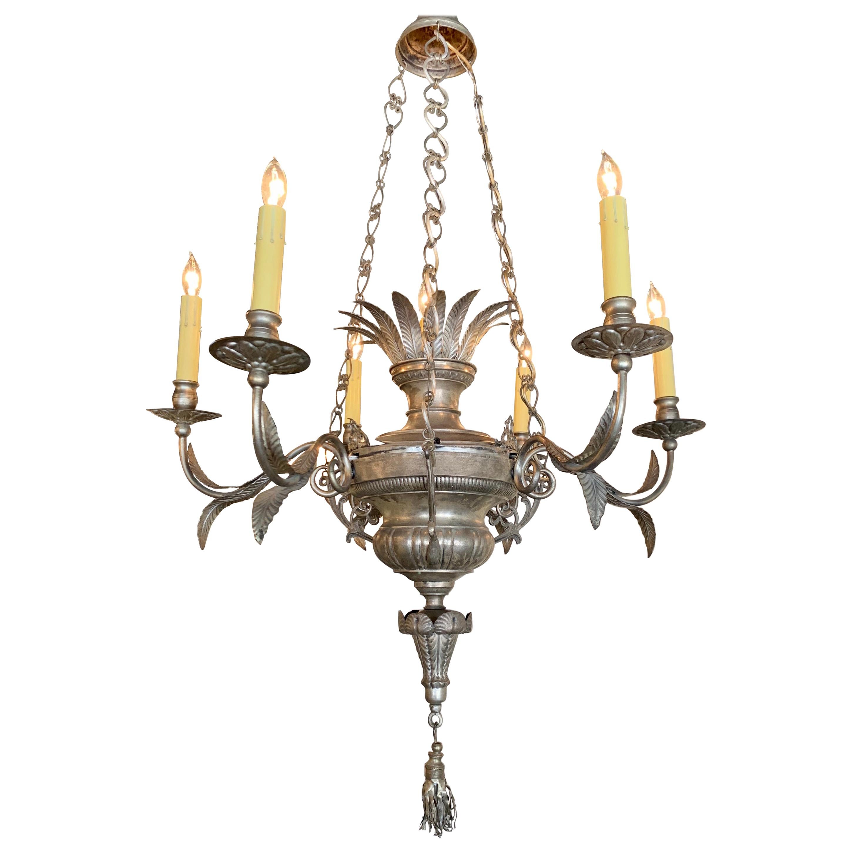 19th Century Italian Silvered Brass 6-Light Chandelier