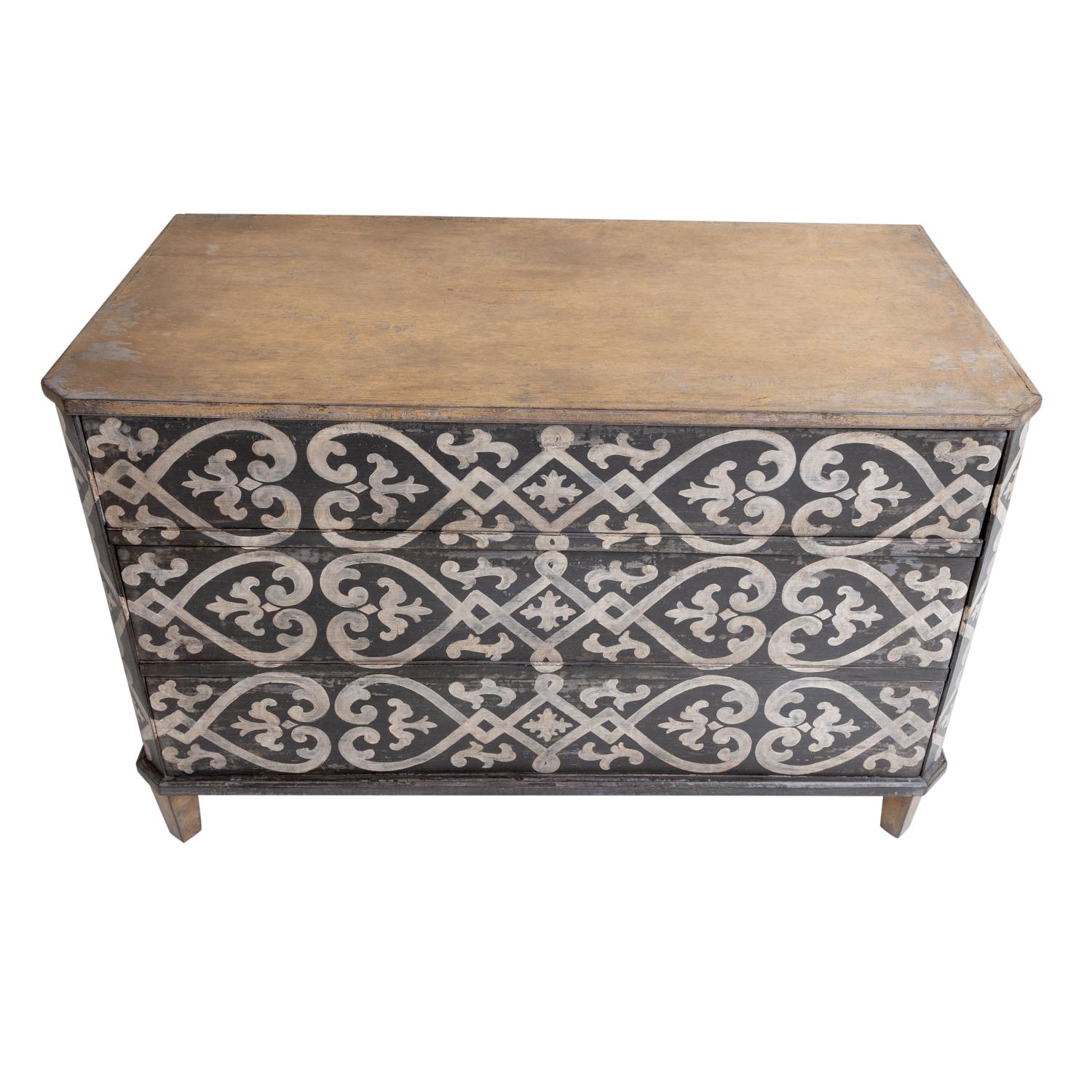 A black-white, antique Italian single chest, commode made of hand crafted painted Pinewood, in good condition. The Tuscan cabinet, cupboard is composed with a light-brown top and three drawers which is consisting its original brass handles, pulls.