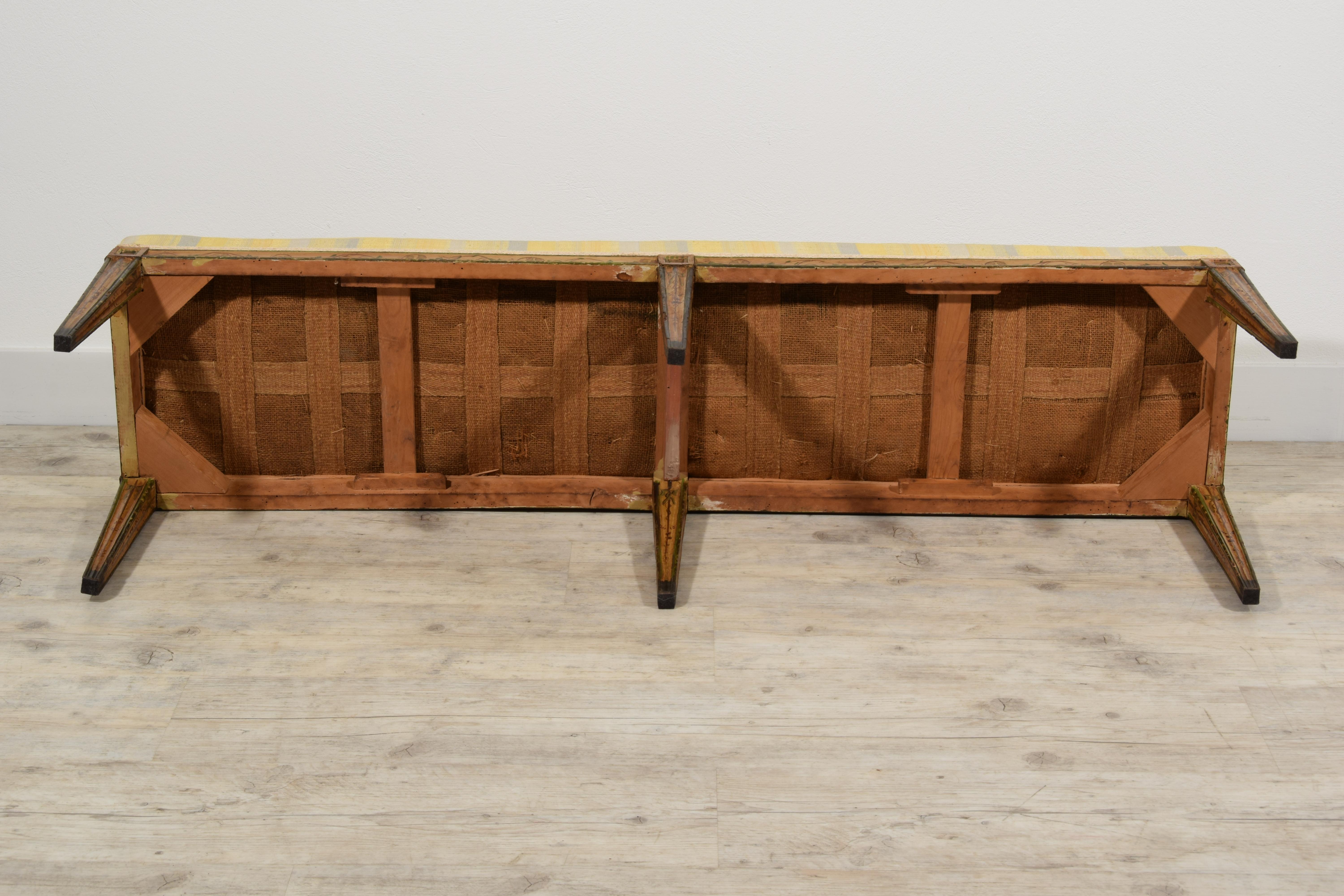 19th Century, Italian Six-legged Centre Bench Lacquered Wood with Ramage Motive 7