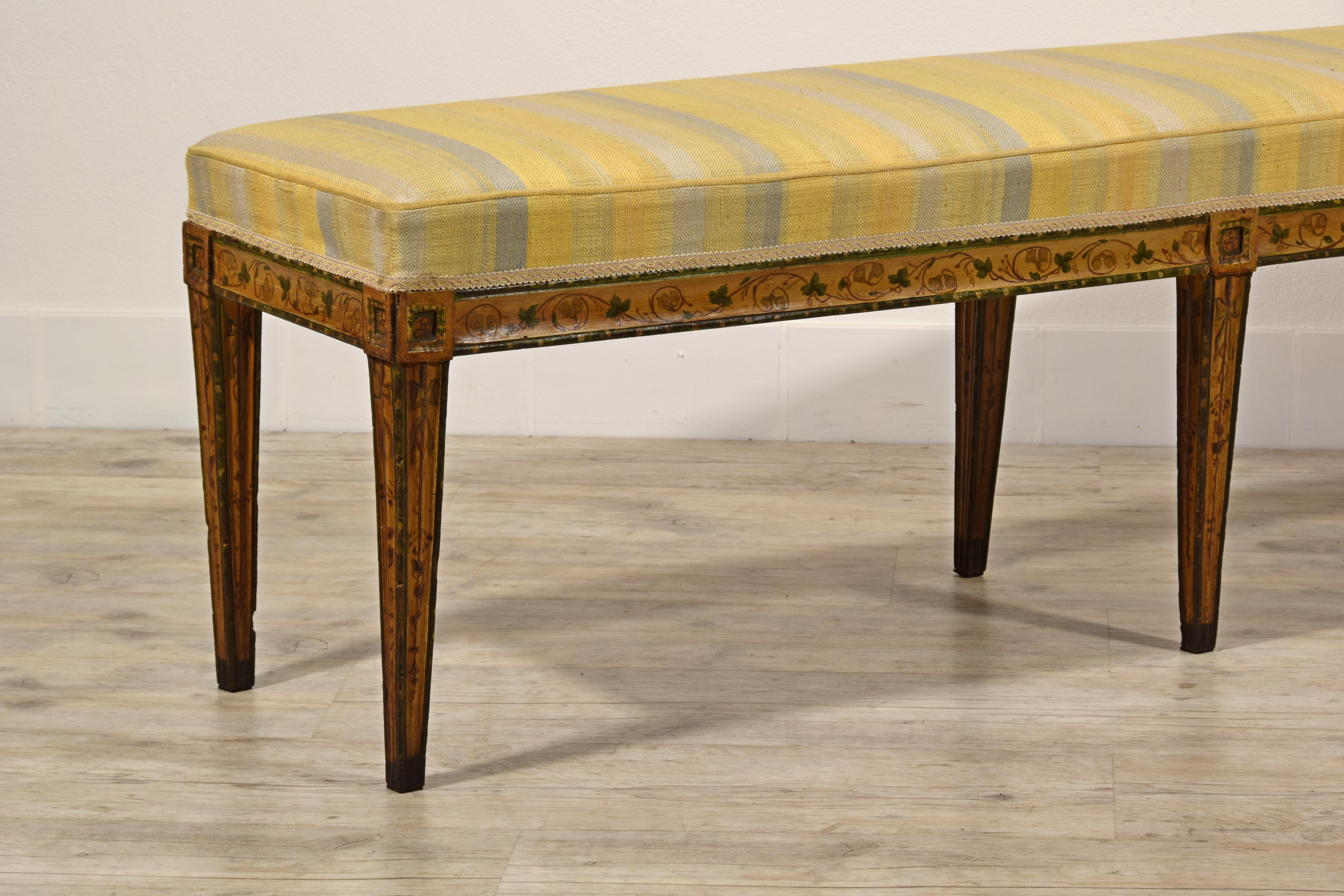 19th Century, Italian Six-legged Centre Bench Lacquered Wood with Ramage Motive 9