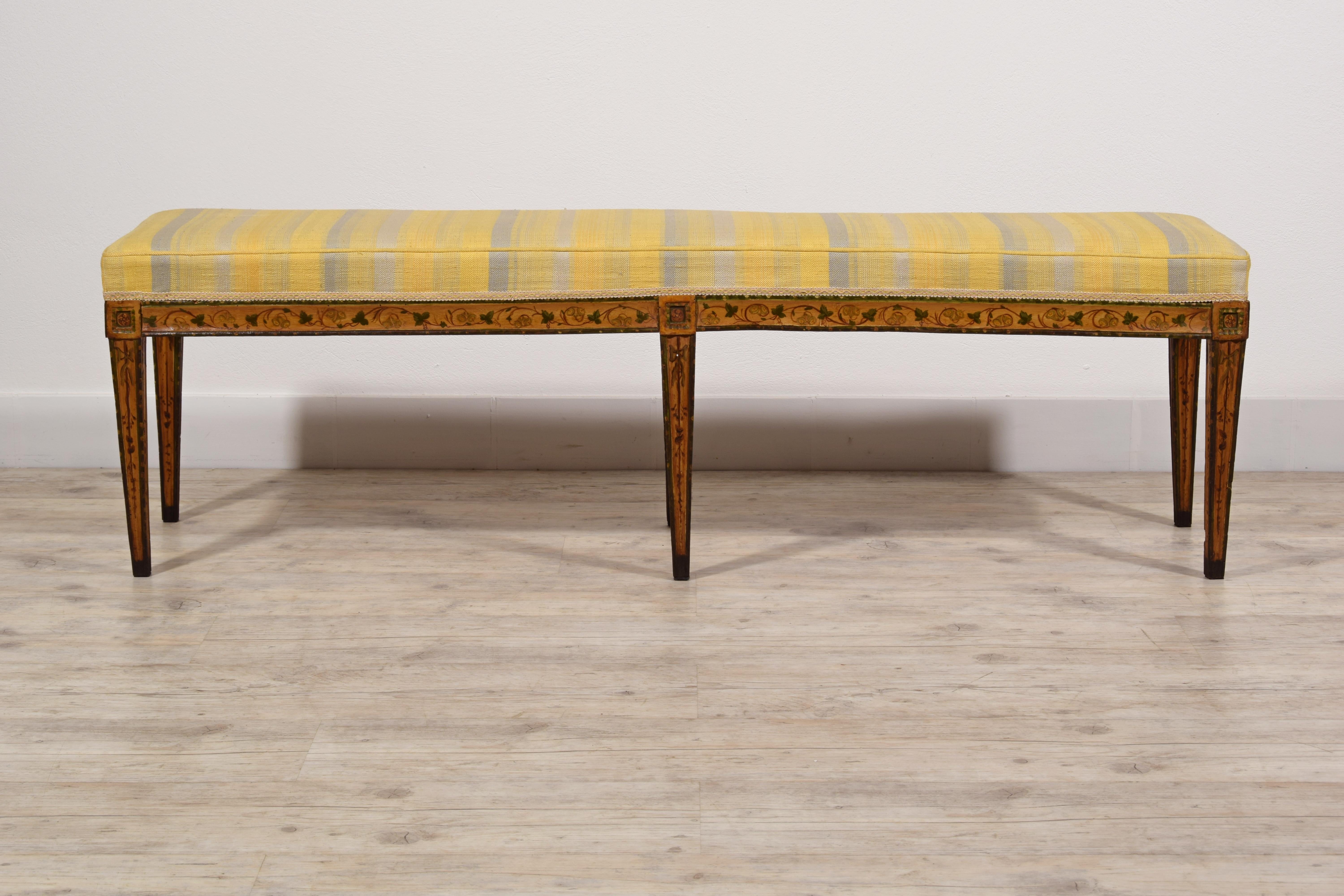 19th Century, Italian Six-legged Centre Bench Lacquered Wood with Ramage Motive 10