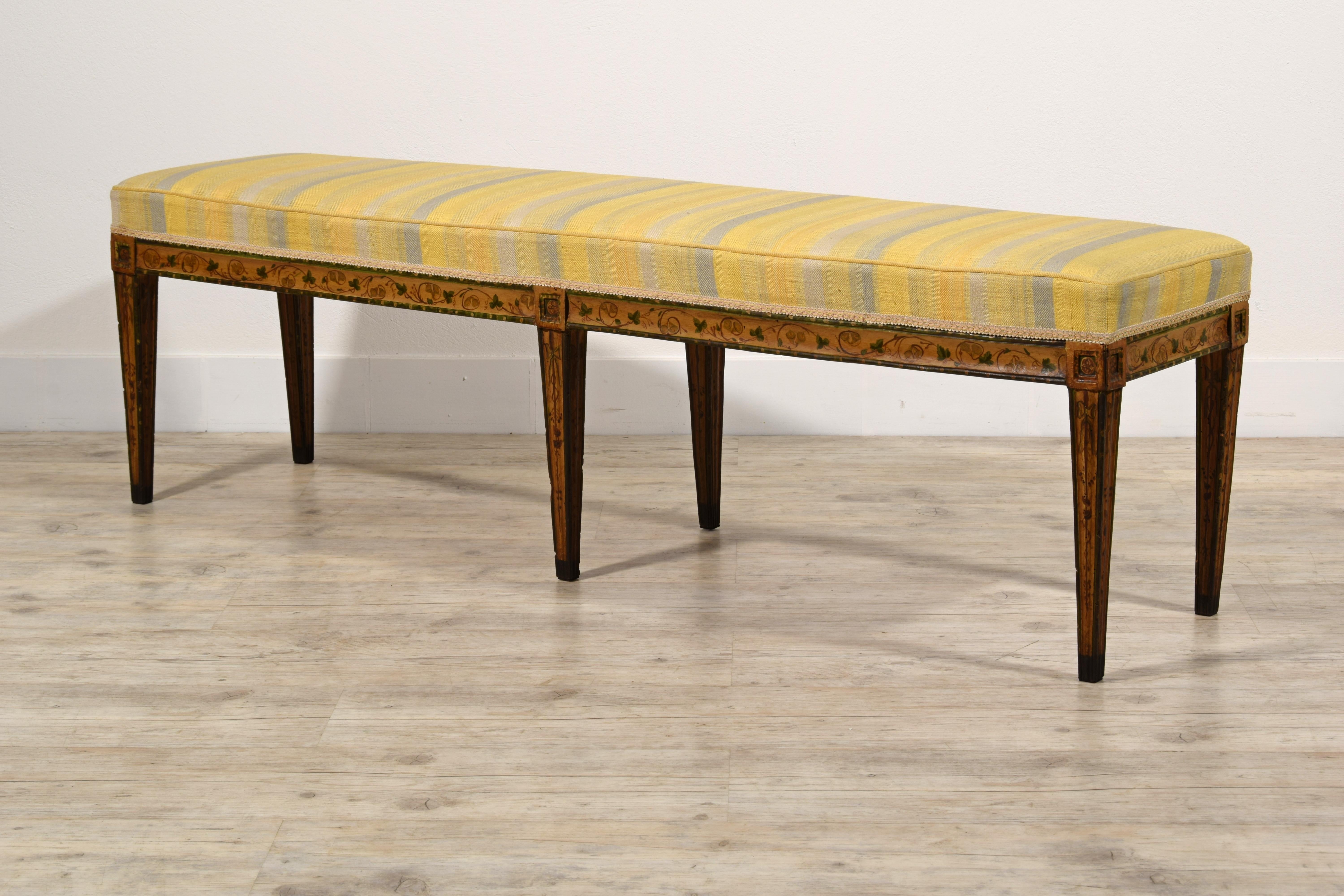 19th Century, Italian Six-legged Centre Bench Lacquered Wood with Ramage Motive 11