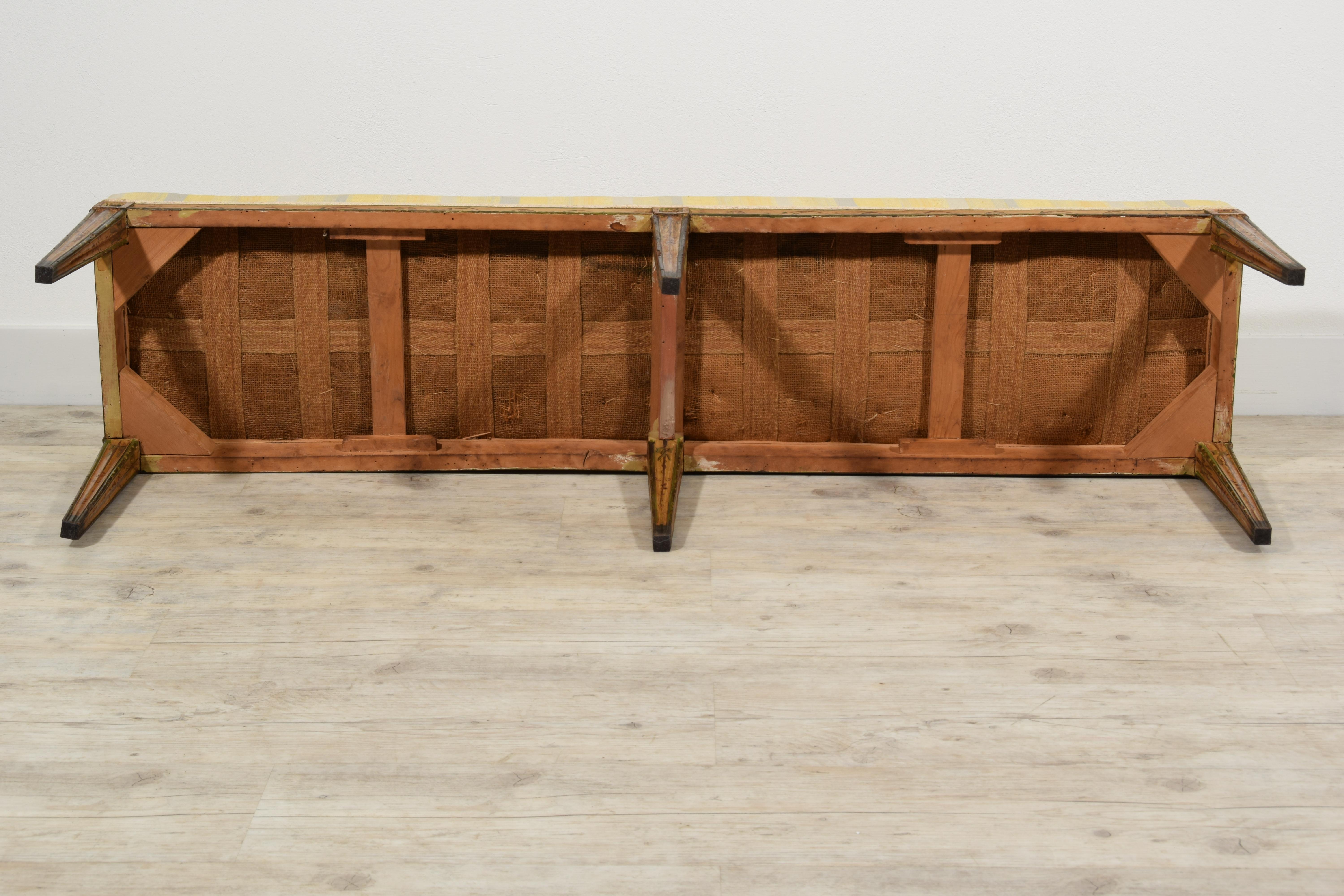 19th Century, Italian Six-legged Centre Bench Lacquered Wood with Ramage Motive 13