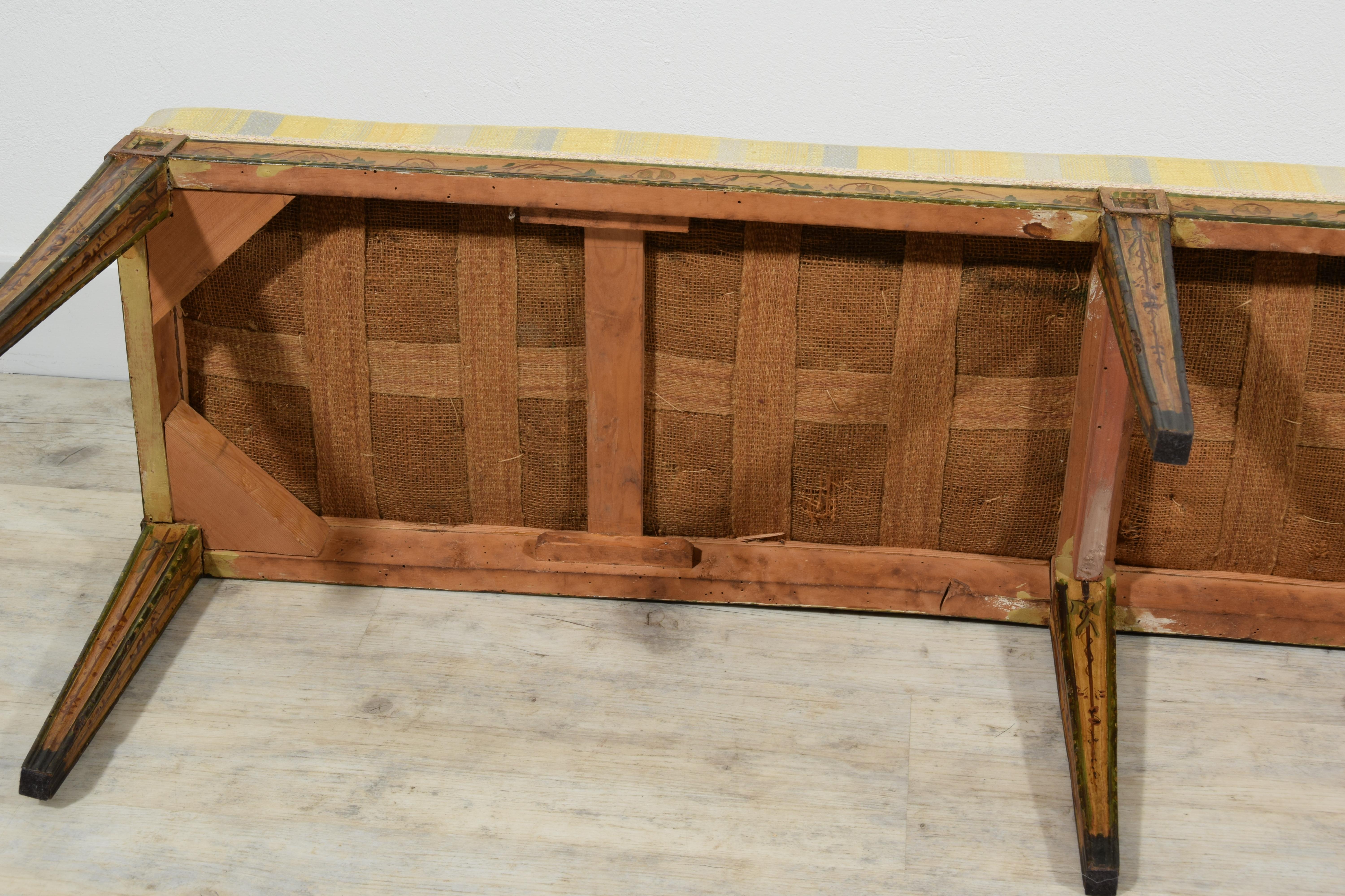 19th Century, Italian Six-legged Centre Bench Lacquered Wood with Ramage Motive 14