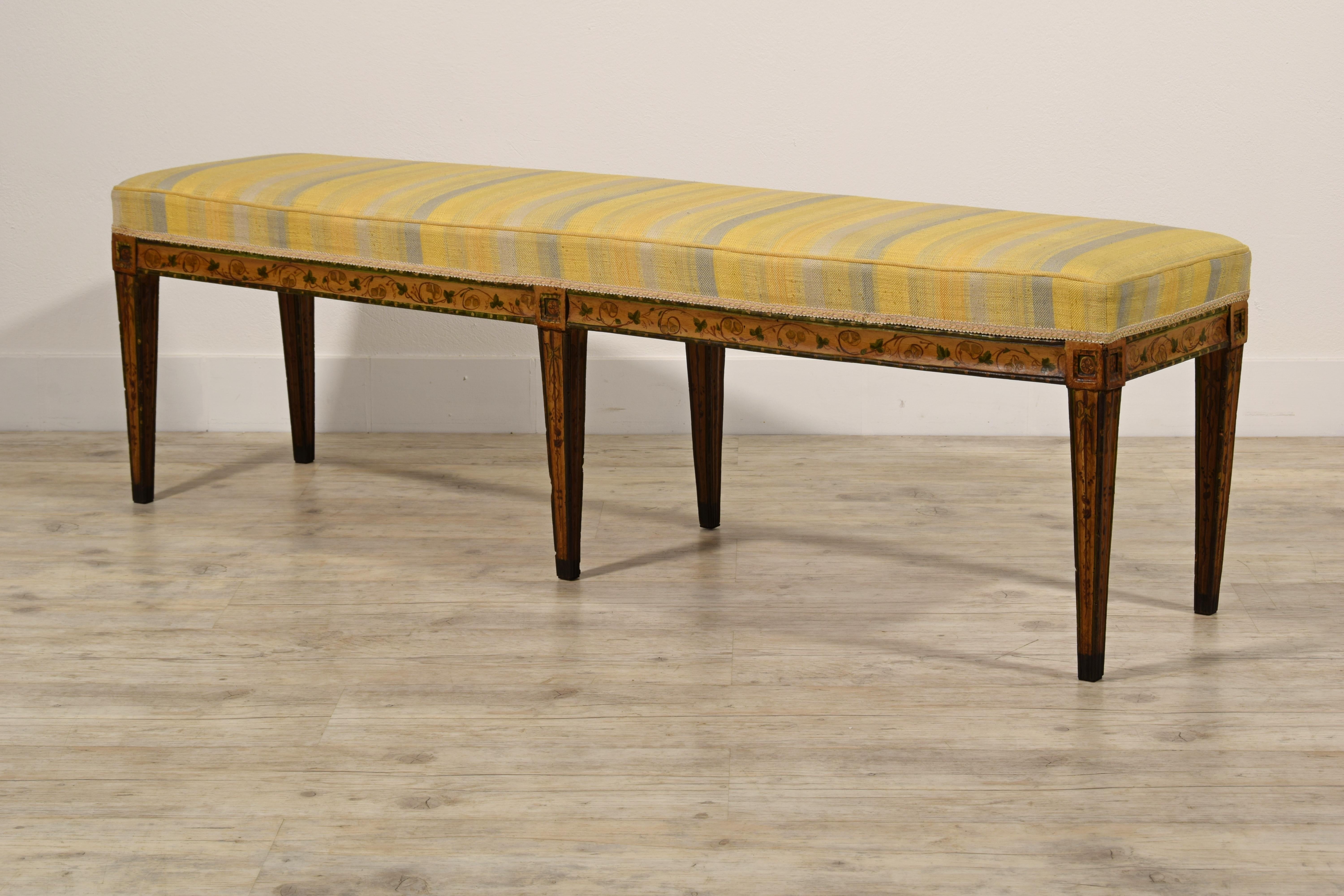 Neoclassical 19th Century, Italian Six-legged Centre Bench Lacquered Wood with Ramage Motive