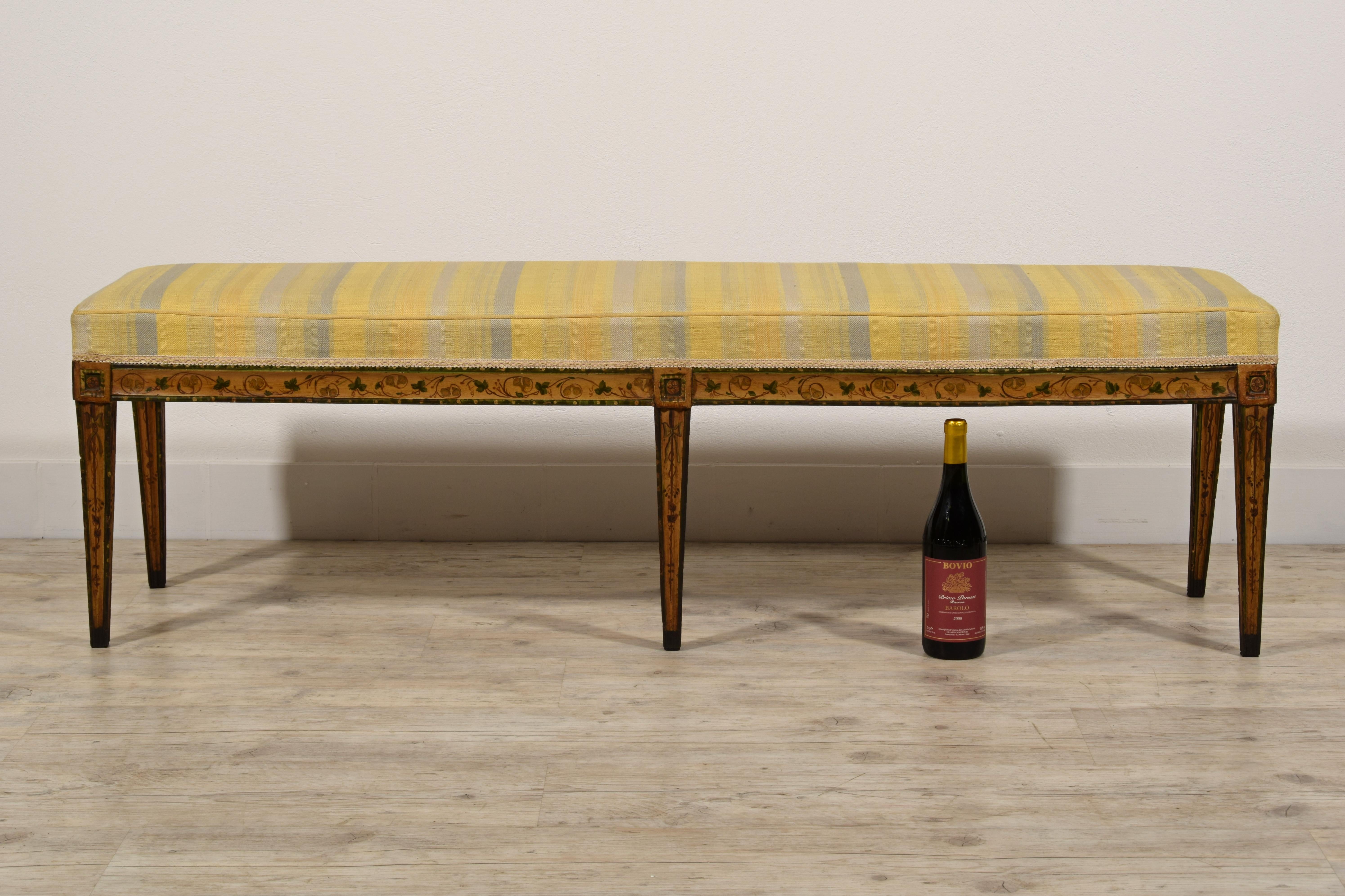 Hand-Painted 19th Century, Italian Six-legged Centre Bench Lacquered Wood with Ramage Motive