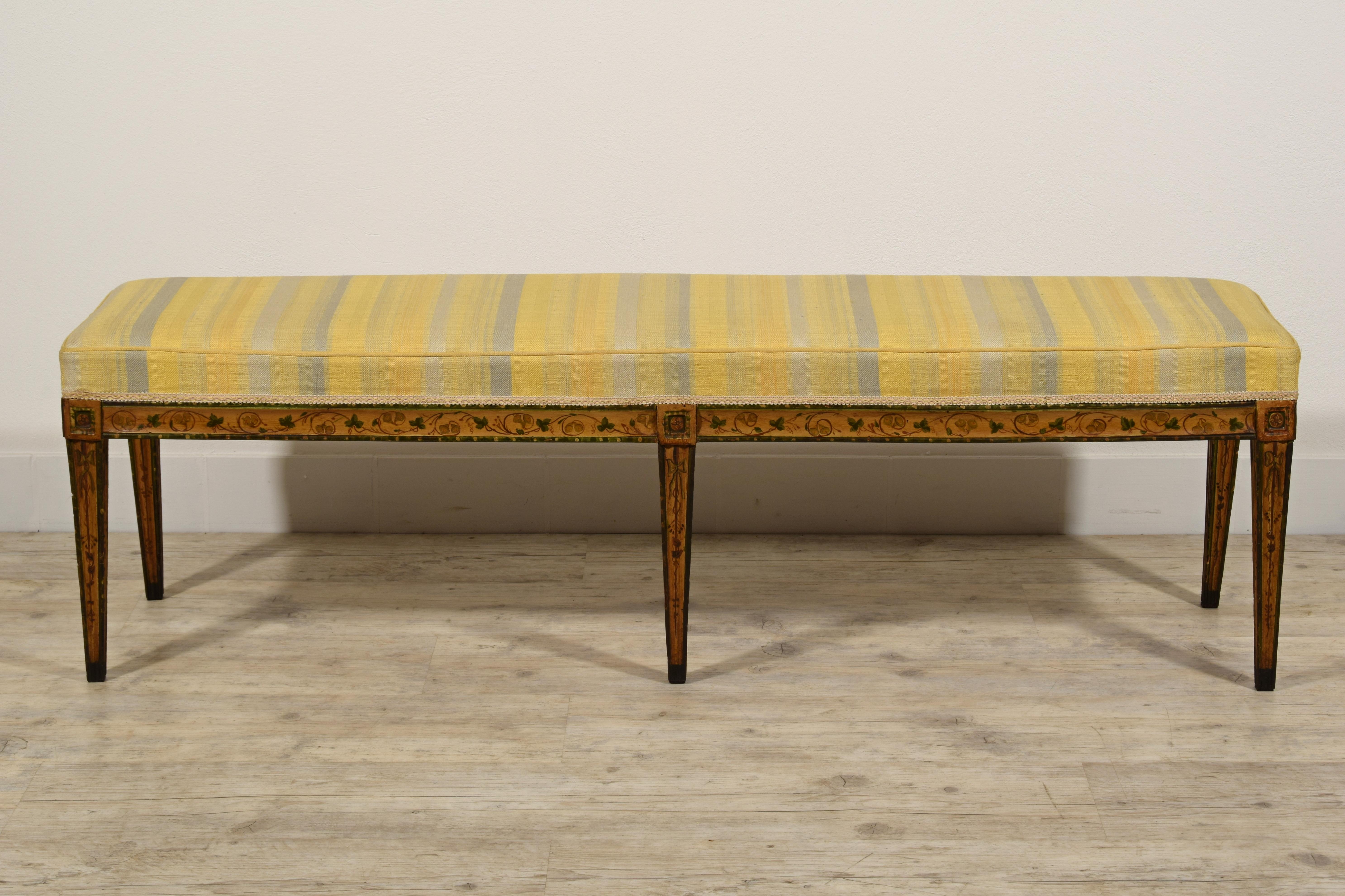 19th Century, Italian Six-legged Centre Bench Lacquered Wood with Ramage Motive 1