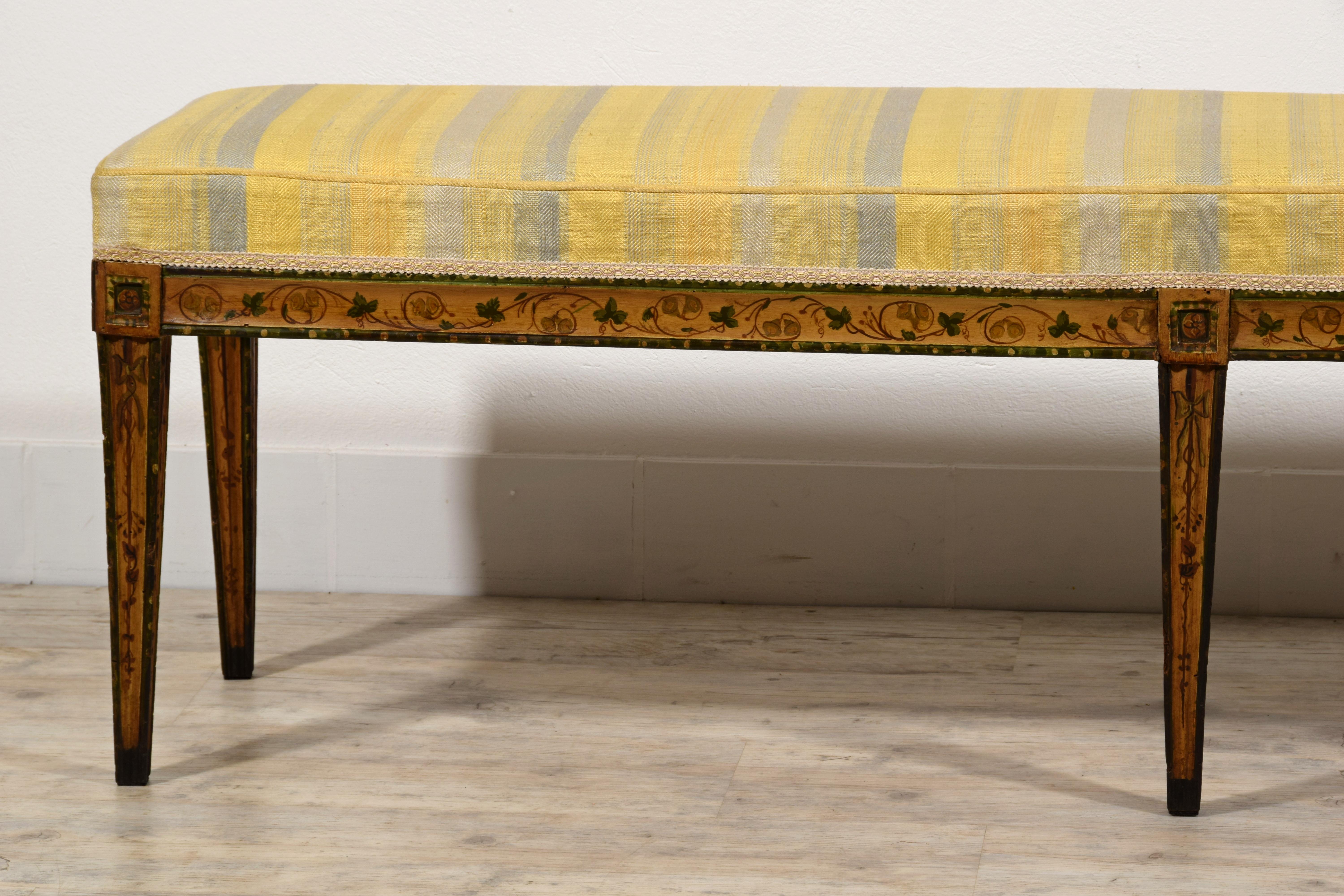 19th Century, Italian Six-legged Centre Bench Lacquered Wood with Ramage Motive 2