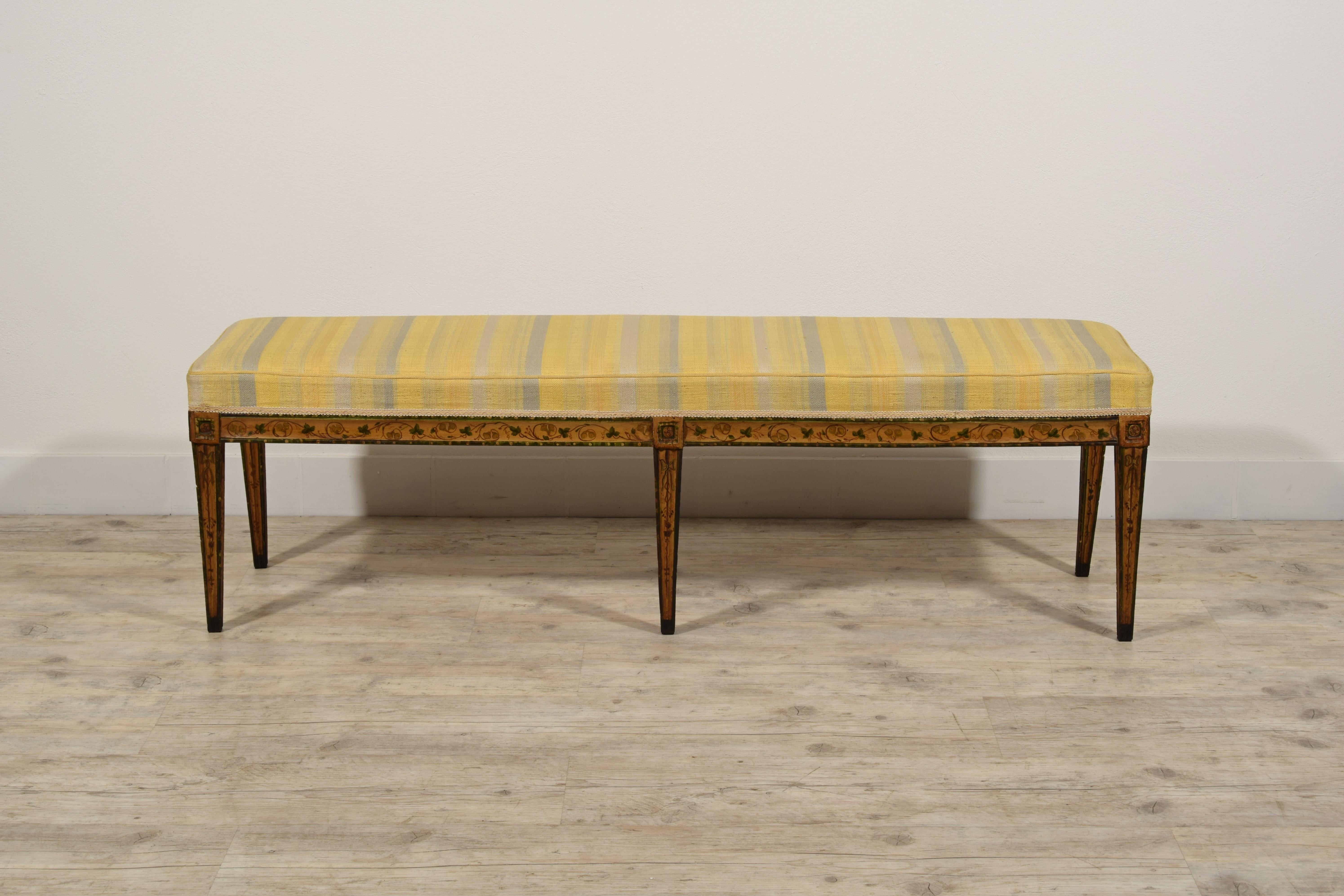 19th Century, Italian Six-legged Centre Bench Lacquered Wood with Ramage Motive 3