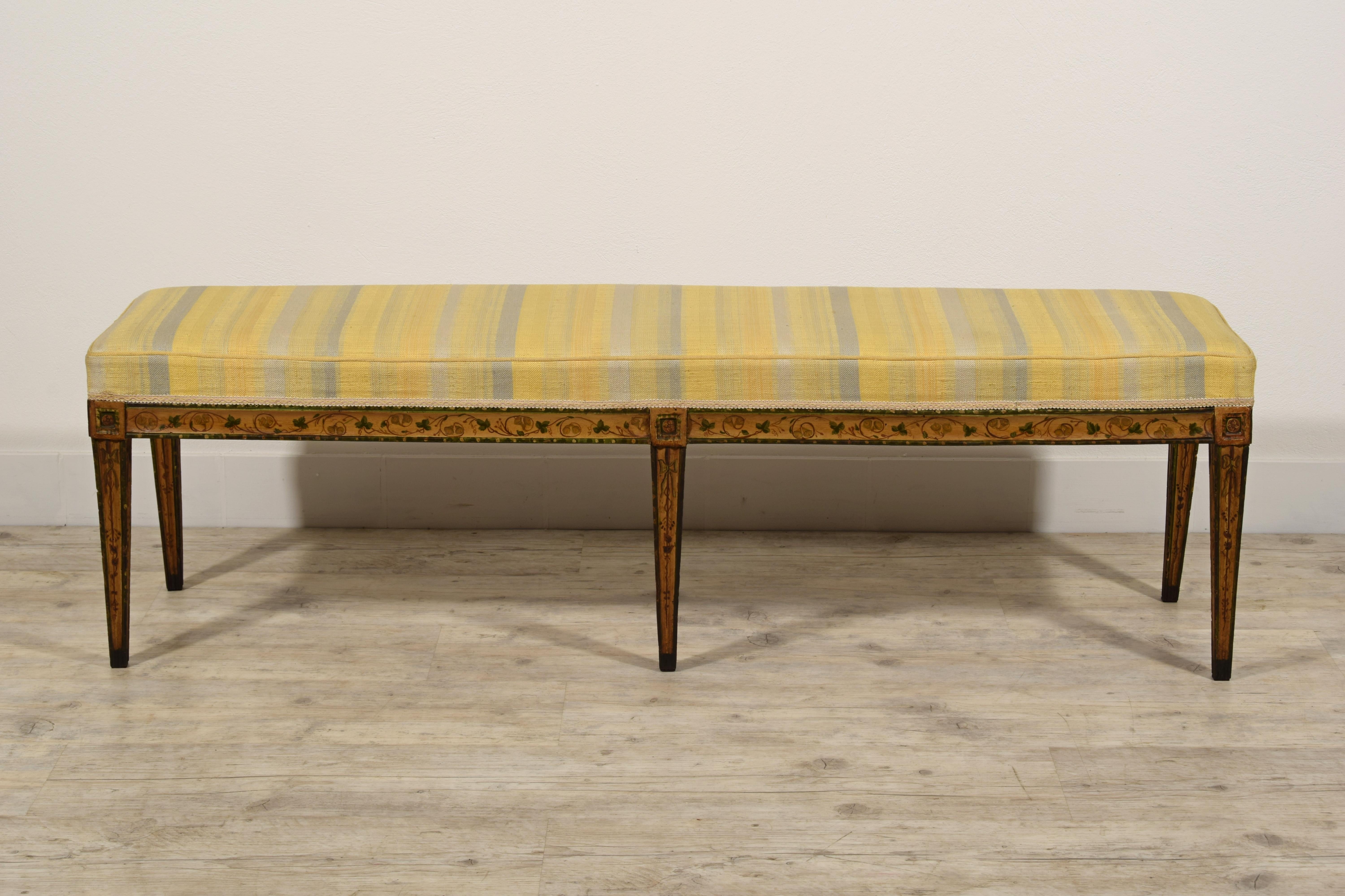 19th Century, Italian Six-legged Centre Bench Lacquered Wood with Ramage Motive 4