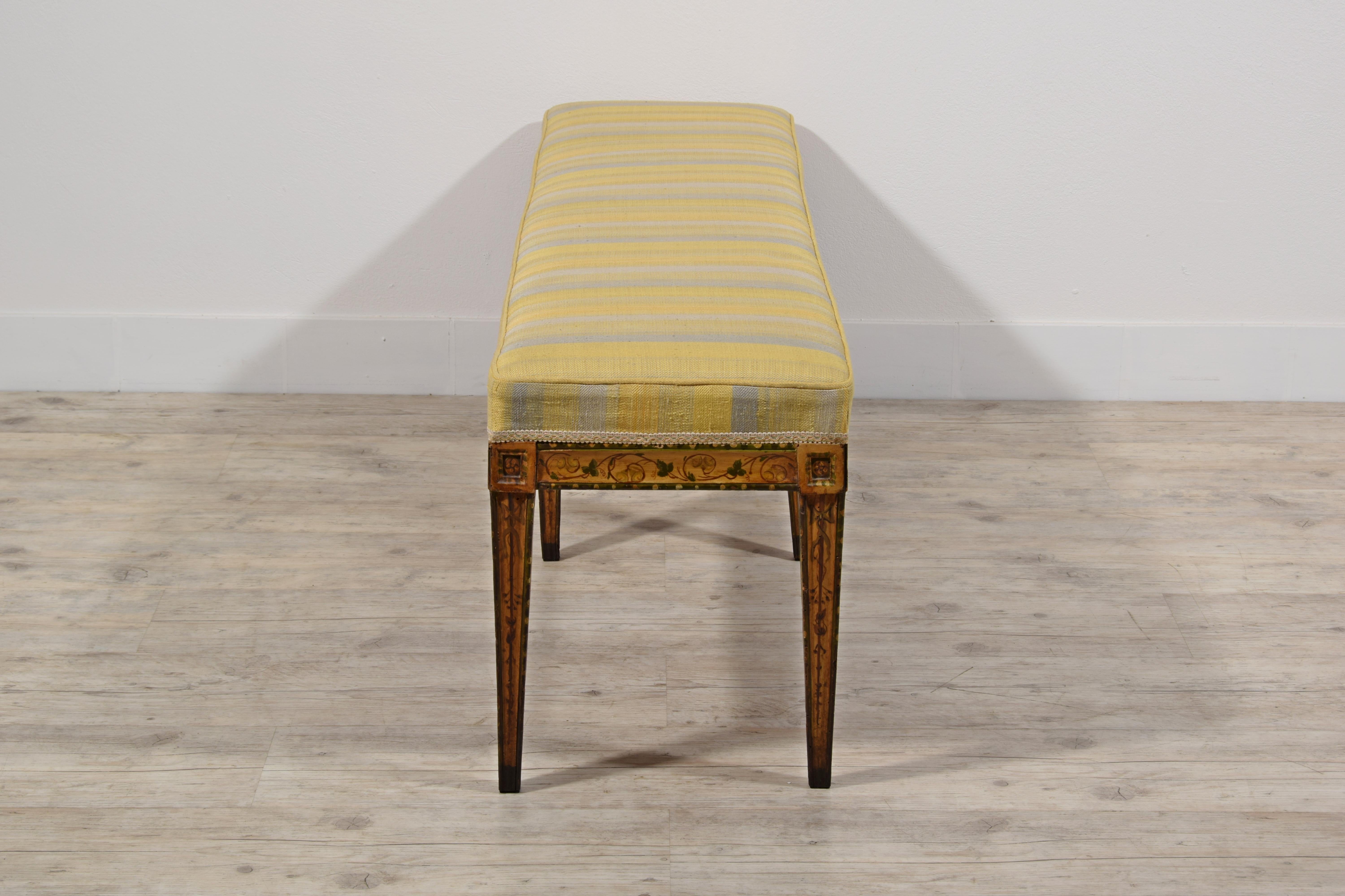 19th Century, Italian Six-legged Centre Bench Lacquered Wood with Ramage Motive 5