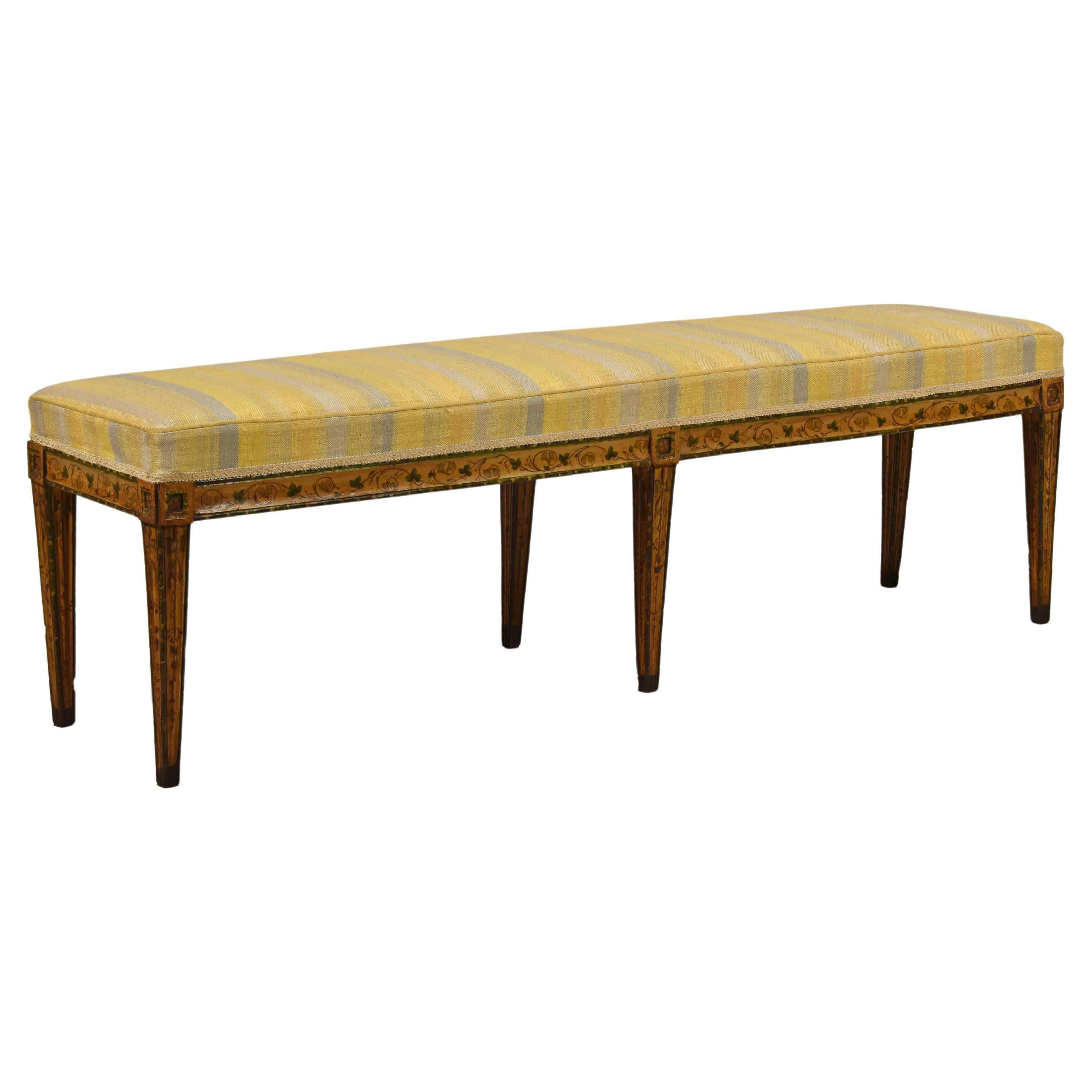 19th Century, Italian Six-legged Centre Bench Lacquered Wood with Ramage Motive