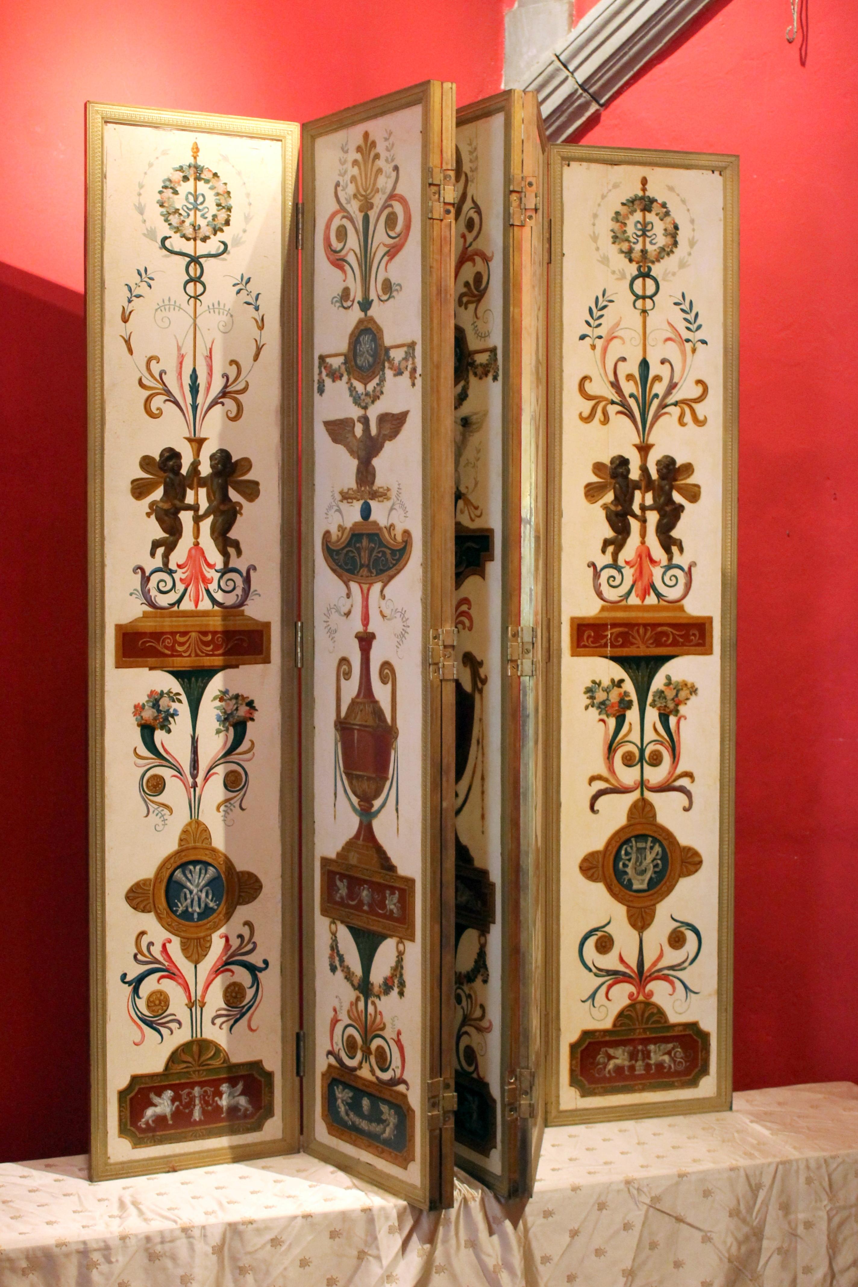 19th Century Italian Six-Panel Painted Wood Folding Screen in Gilt Bronze Frame For Sale 8