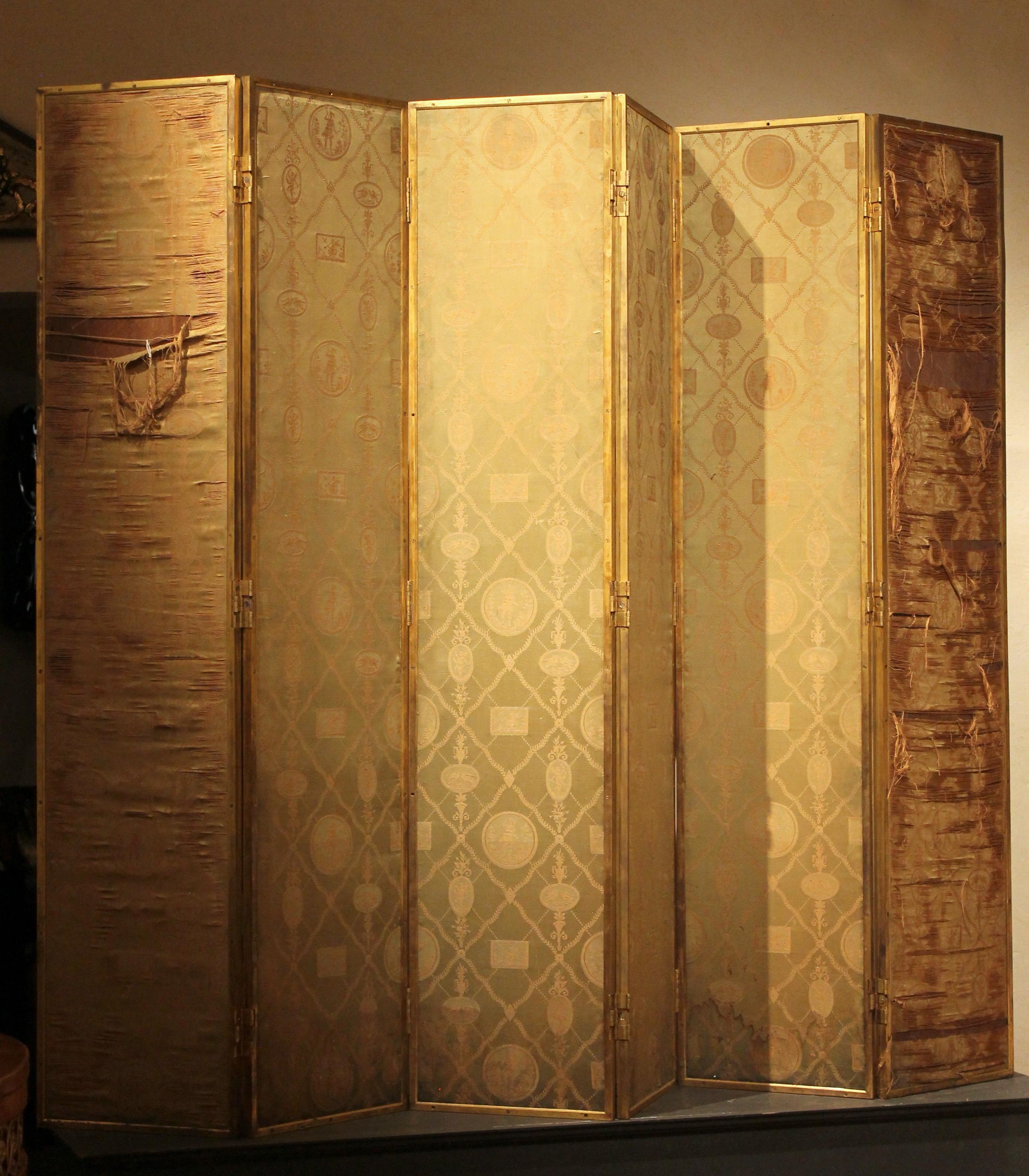 19th Century Italian Six-Panel Painted Wood Folding Screen in Gilt Bronze Frame For Sale 10
