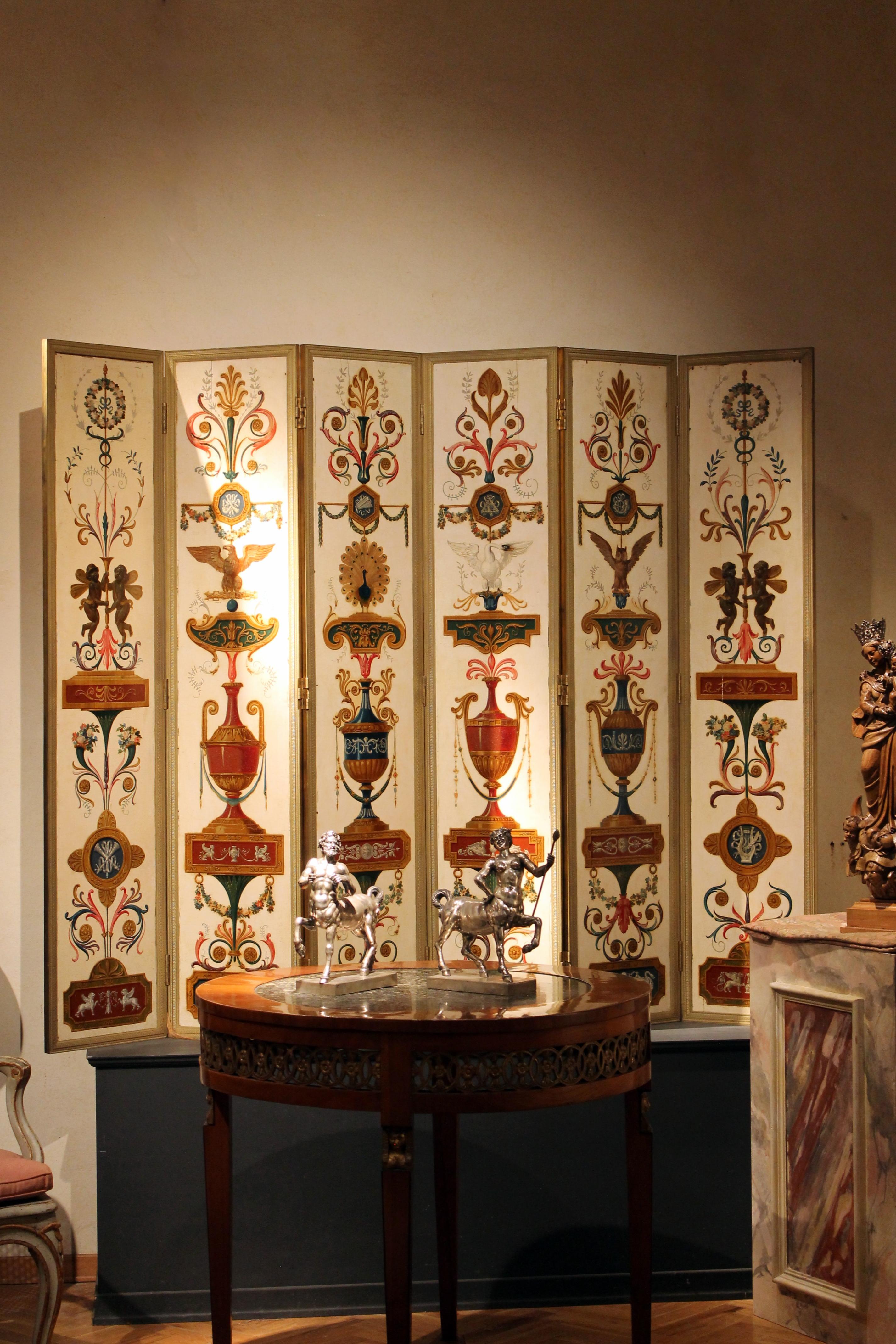 Empire 19th Century Italian Six-Panel Painted Wood Folding Screen in Gilt Bronze Frame For Sale