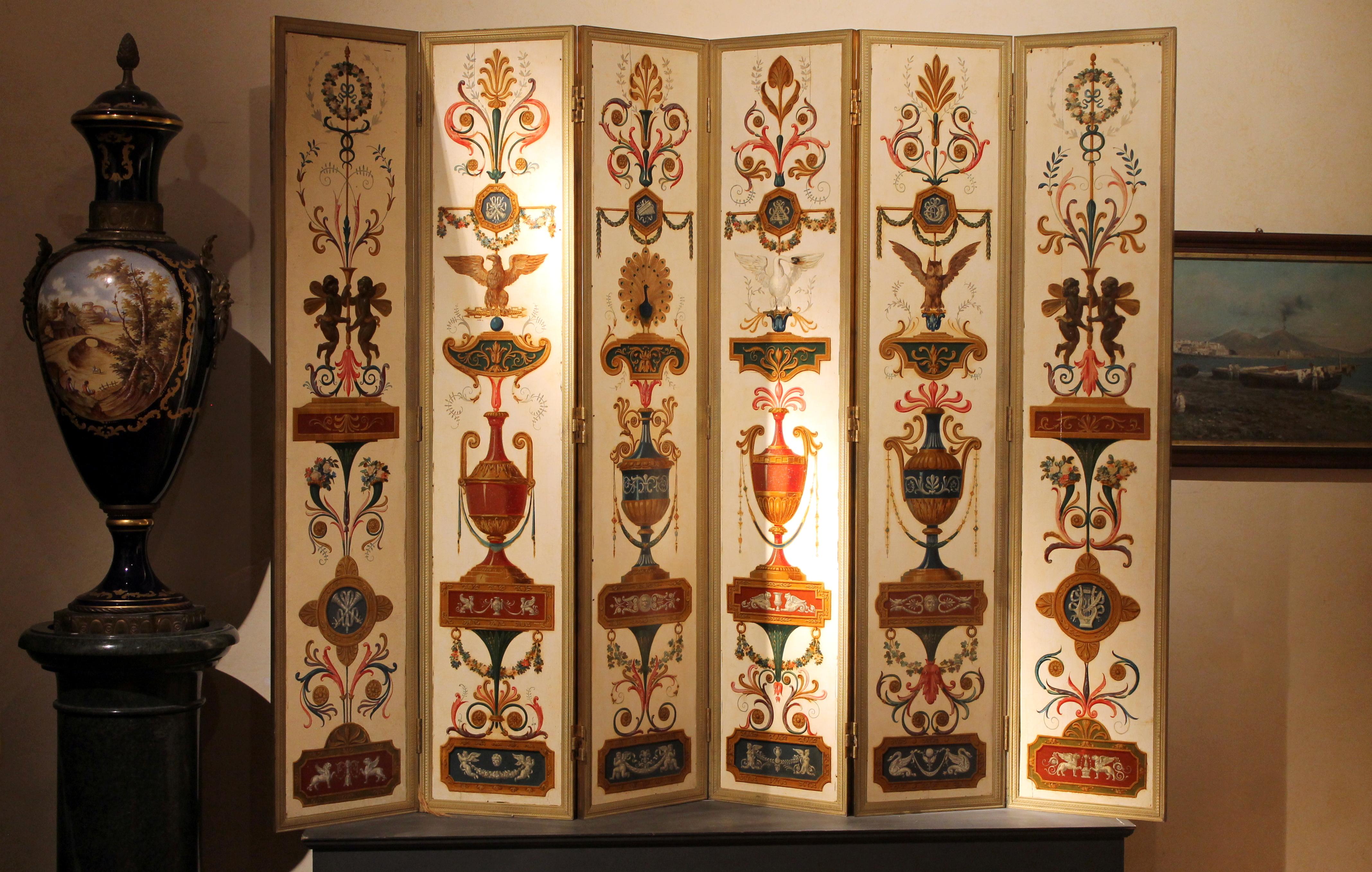 19th Century Italian Six-Panel Painted Wood Folding Screen in Gilt Bronze Frame In Good Condition For Sale In Firenze, IT