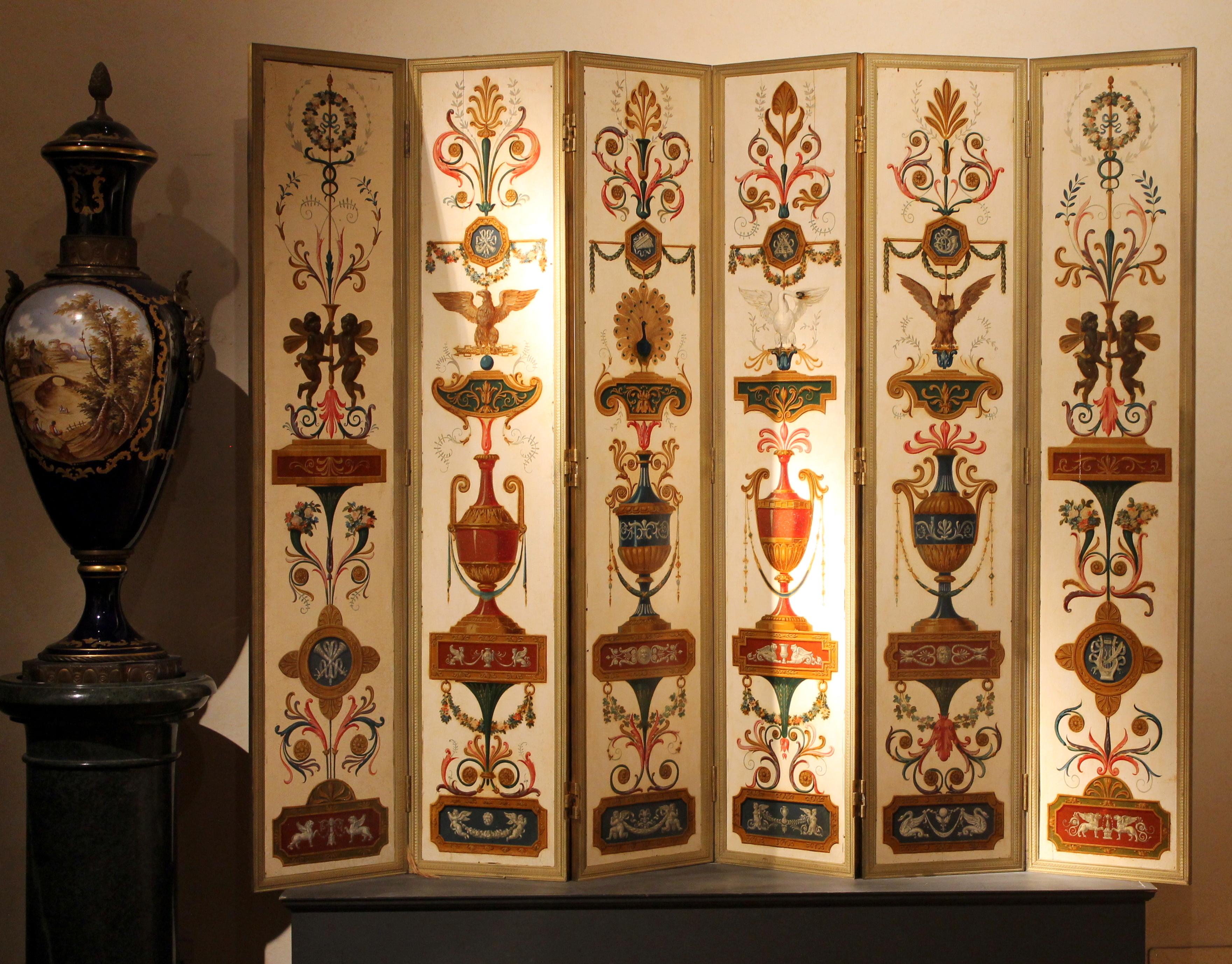 Silk 19th Century Italian Six-Panel Painted Wood Folding Screen in Gilt Bronze Frame For Sale