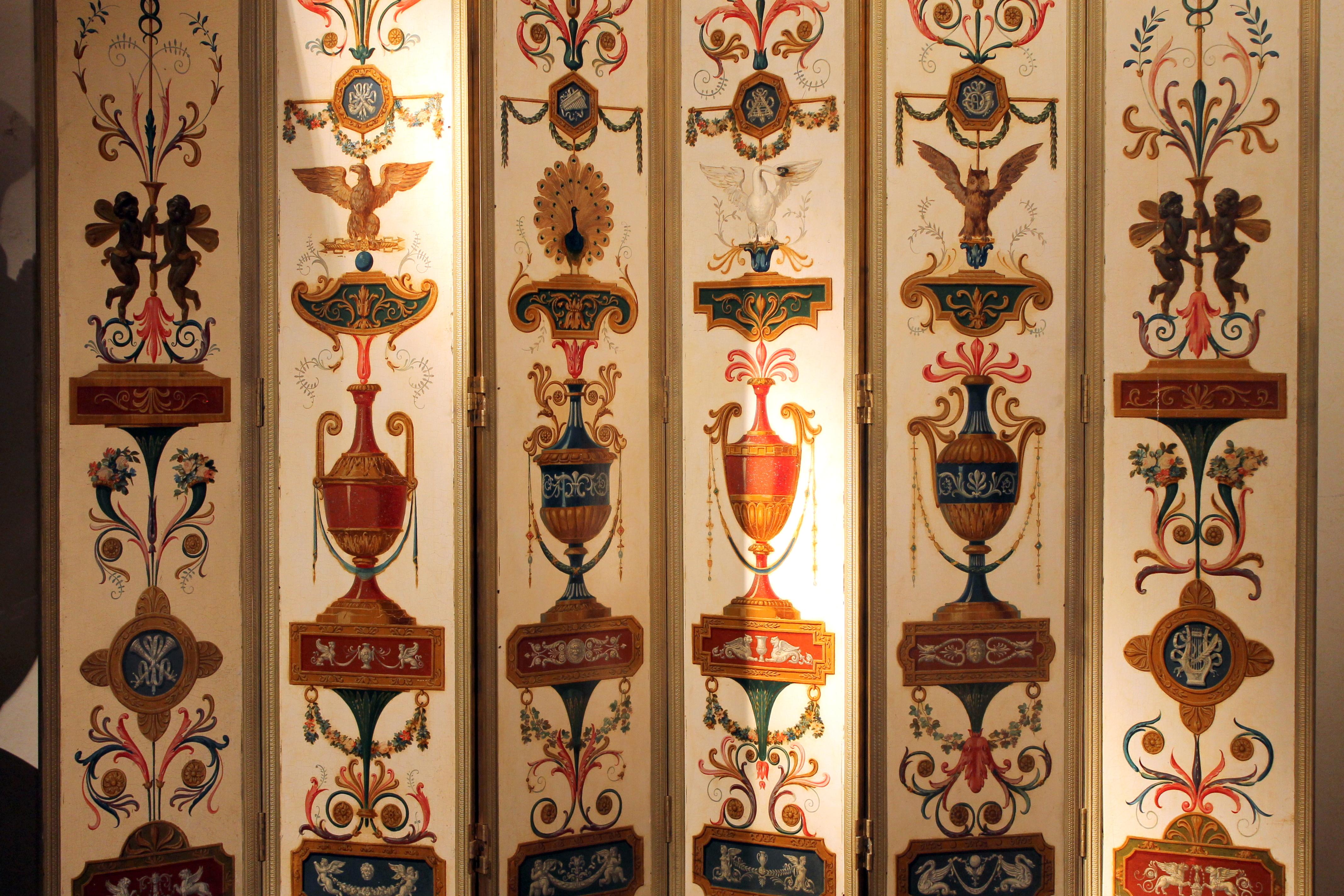 19th Century Italian Six-Panel Painted Wood Folding Screen in Gilt Bronze Frame For Sale 1