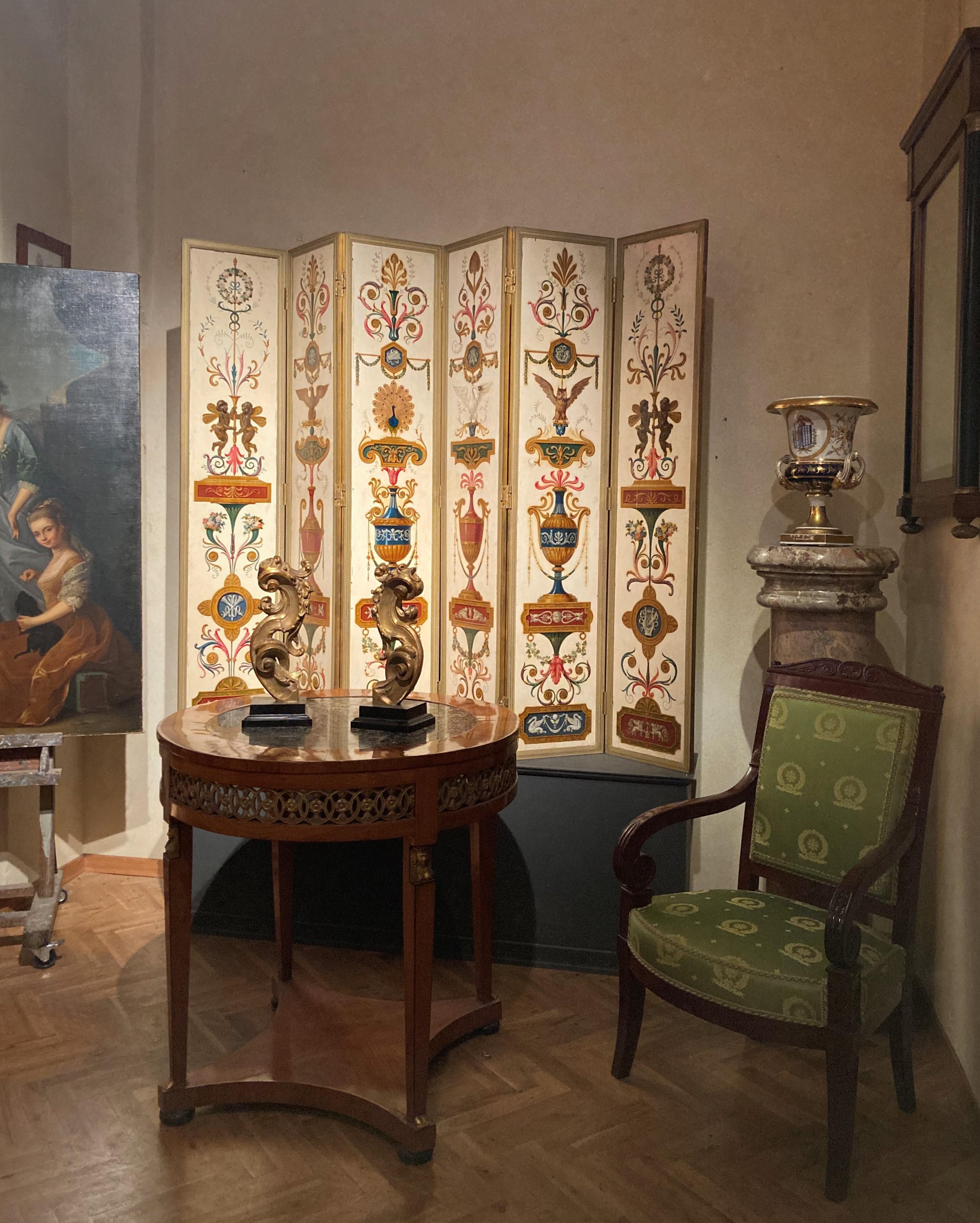 19th Century Italian Six-Panel Painted Wood Folding Screen in Gilt Bronze Frame 2