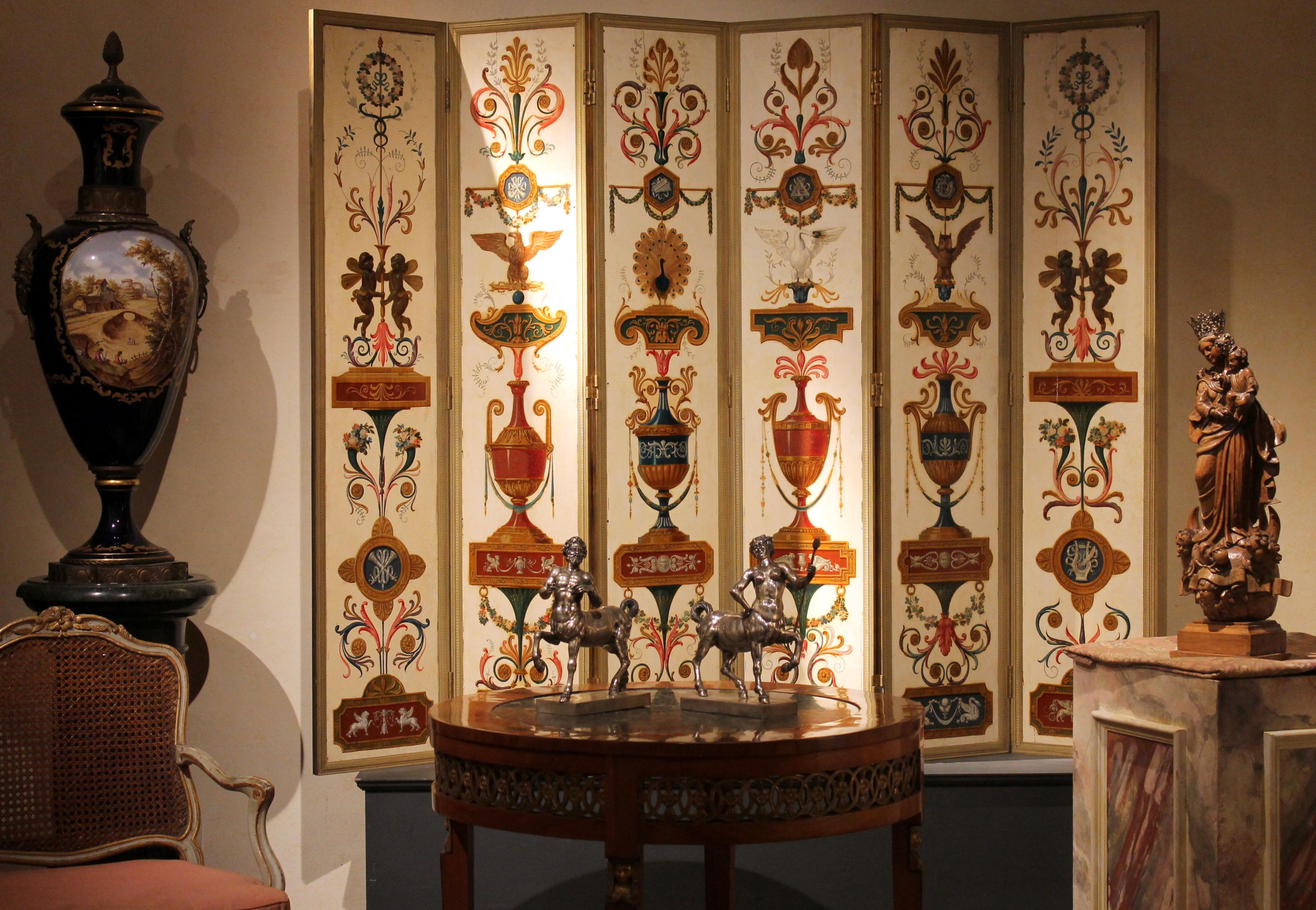 19th Century Italian Six-Panel Painted Wood Folding Screen in Gilt Bronze Frame For Sale 5