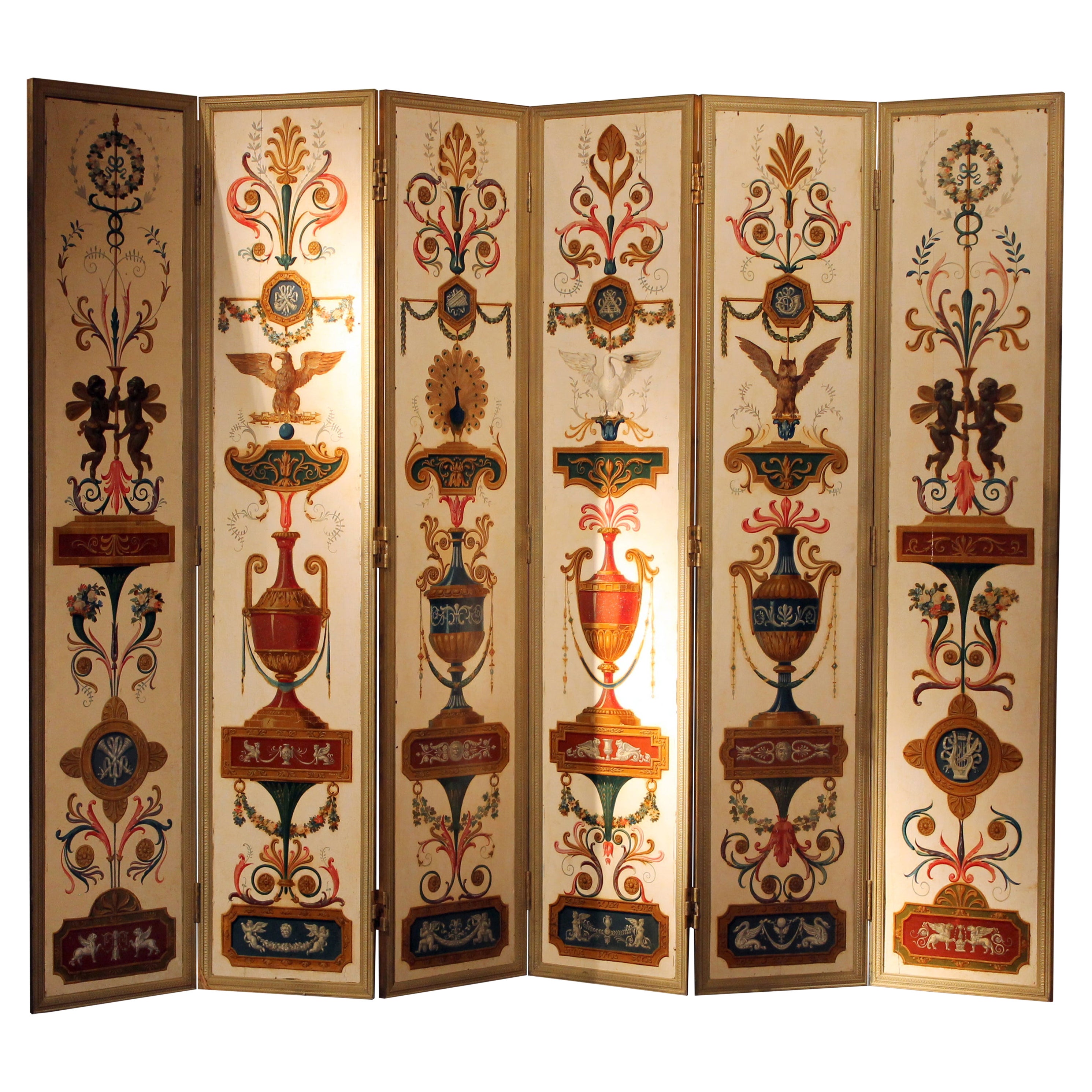 Italienischer Sechs-Panel-Faltwand aus bemaltem Holz in vergoldetem Bronzerahmen aus dem 19. im Angebot