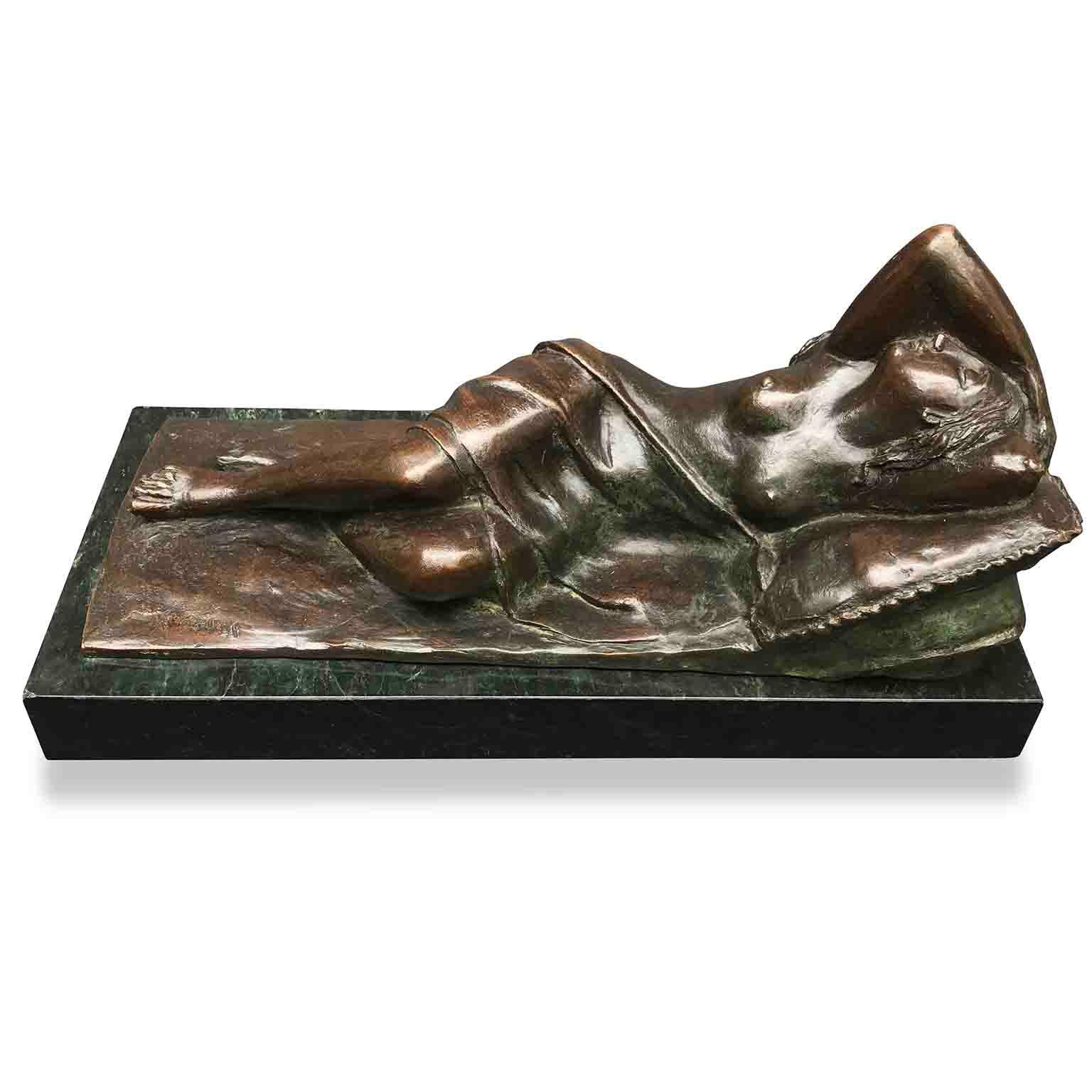 A dark bronze casting sleeping Venus figure, awakening and lying on a soft cushion. The bronze sculpture is signed lower left E Sala, the Italian Milanese sculptor and painter Eliseo Sala (Milan 1813-1879).

This bronze sculpture is in good