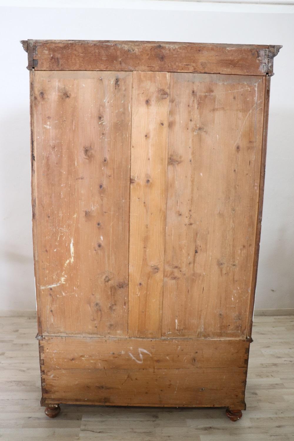 19th Century Italian Solid Cherry and Walnut Wood Antique Wardrobe or Armoire 1