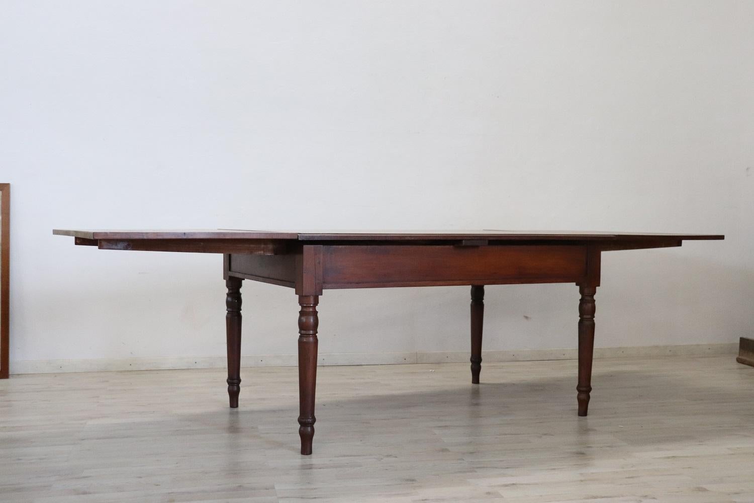 Empire 19th Century Italian Solid Walnut Extendable Antique Dining Room Table