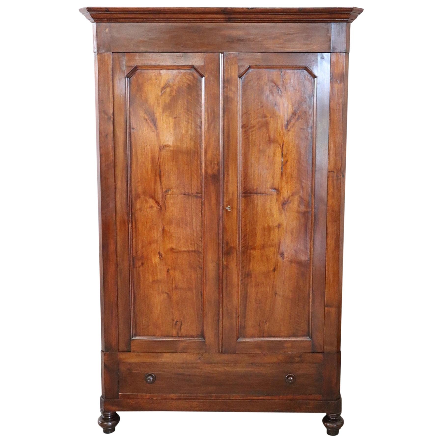 19th Century Italian Solid Walnut Wood Antique Wardrobe or Armoire