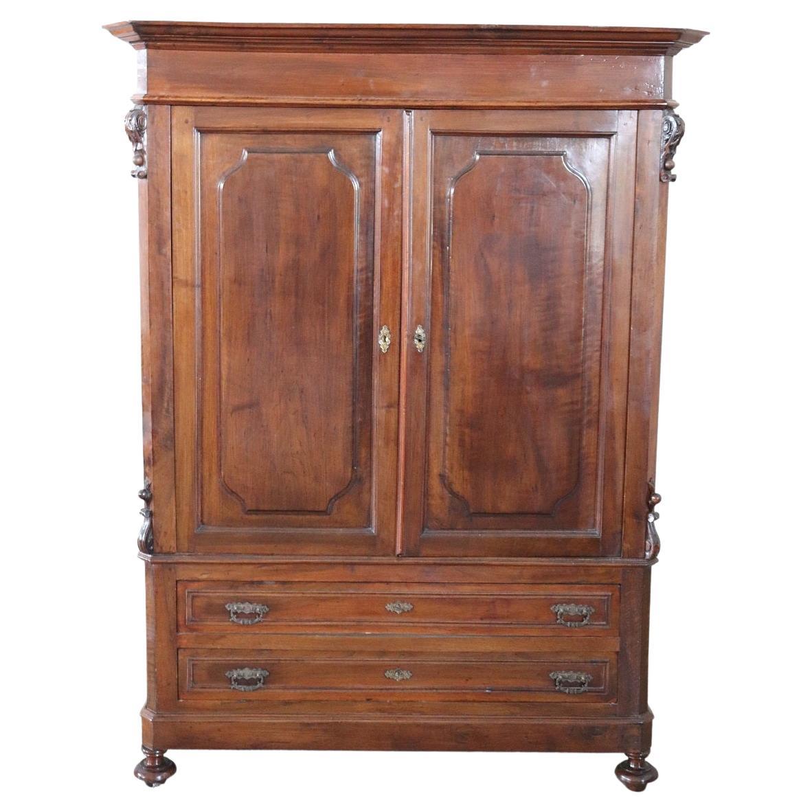 19th Century Italian Solid Walnut Wood Antique Wardrobe or Armoire For Sale