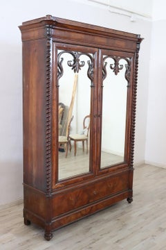 19th Century Italian Solid Walnut Wood Antique Wardrobe or Armoire with Mirror