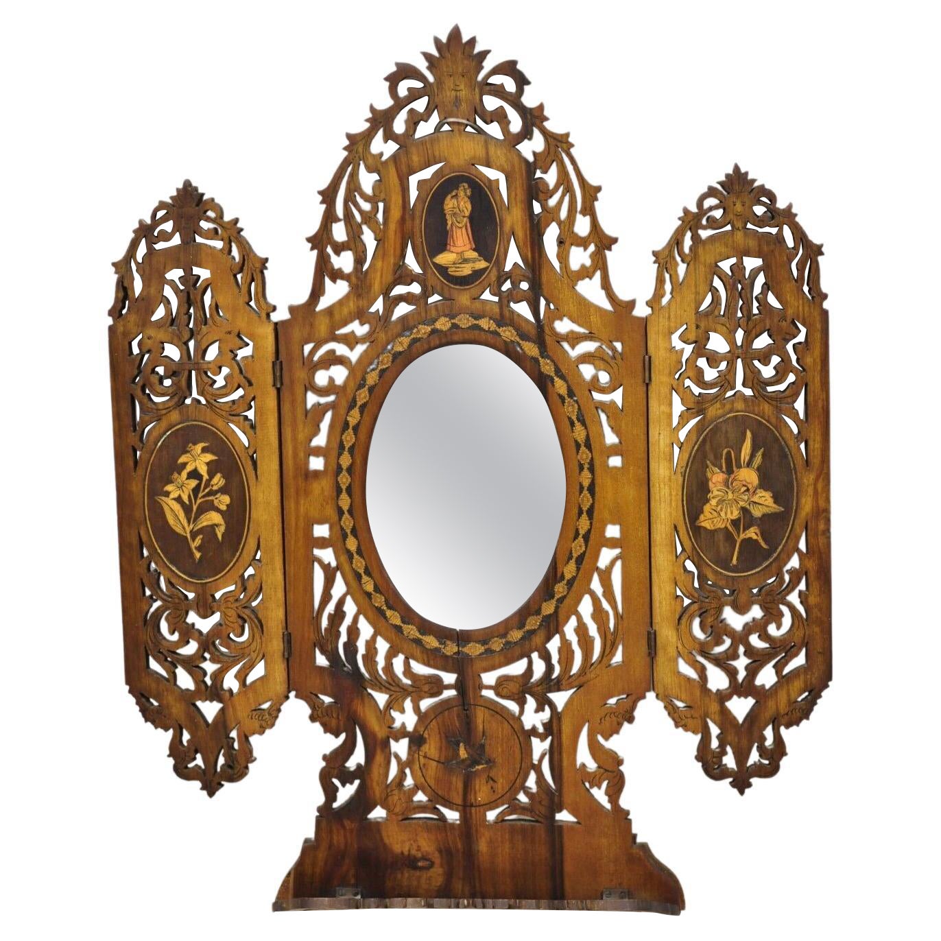 19th Century Italian Sorrento Triptych Folding Inlaid Travel Mirror Easel Stand