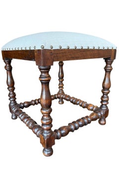 19th Century Italian Square Stools, Wood & Vintage Linen Upholstery