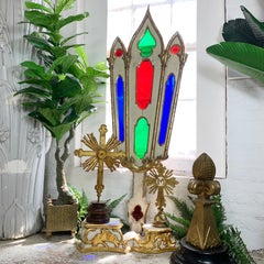 19th C Italian White and Gold Religious Stained Glass Church Panel