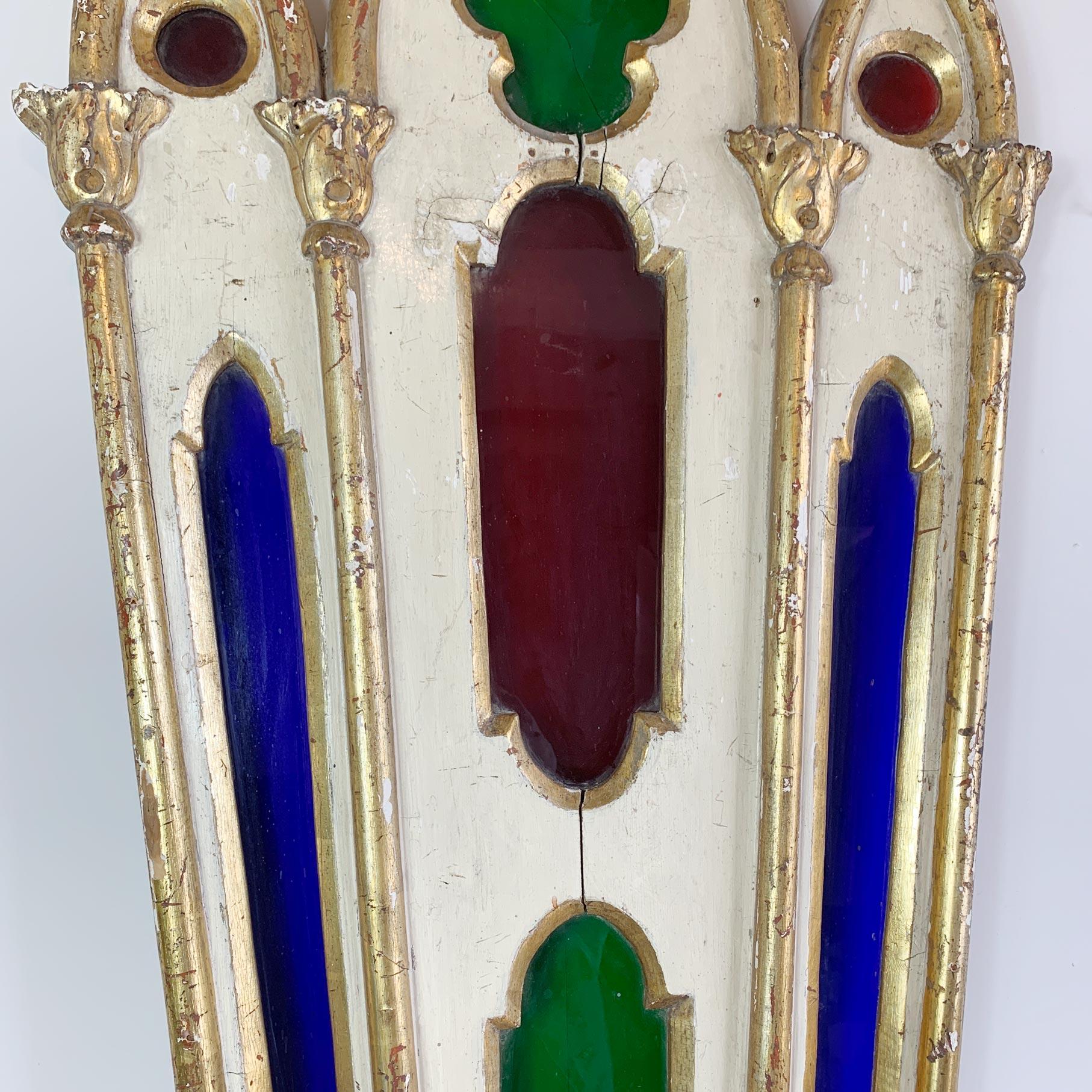 19th C Italian White and Gold Religious Stained Glass Church Panel In Good Condition For Sale In Hastings, GB