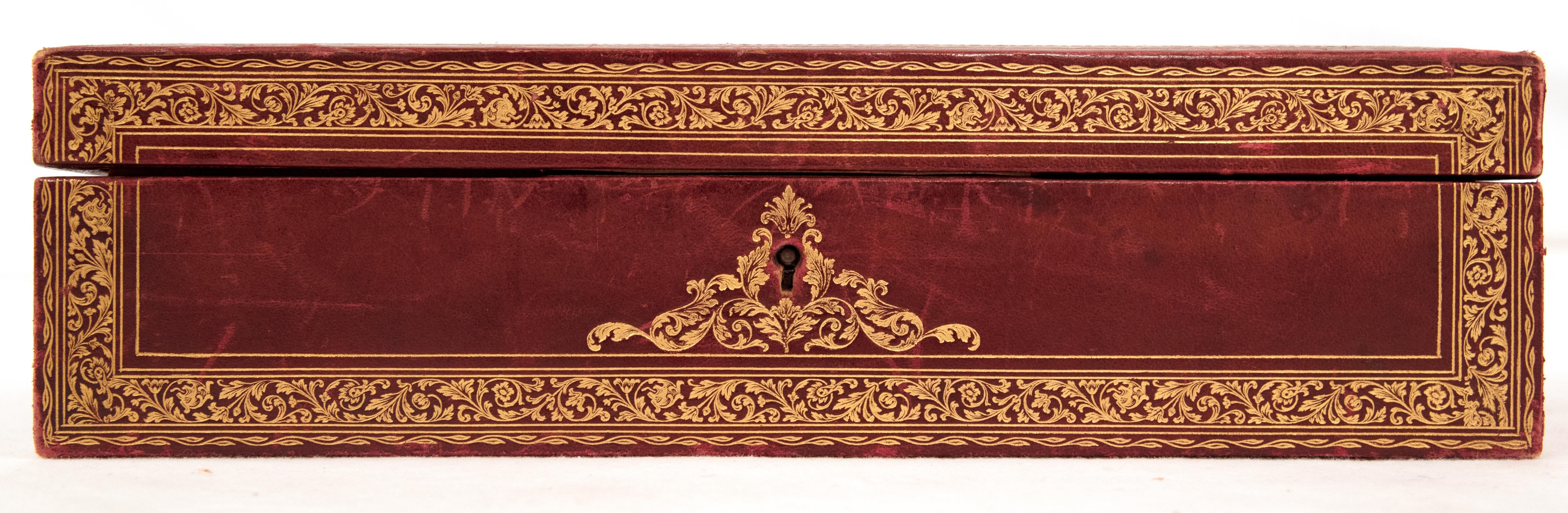 19th Century Italian Stamped and Gilt Red Leather Box with Suede Interior In Fair Condition For Sale In Salt Lake City, UT