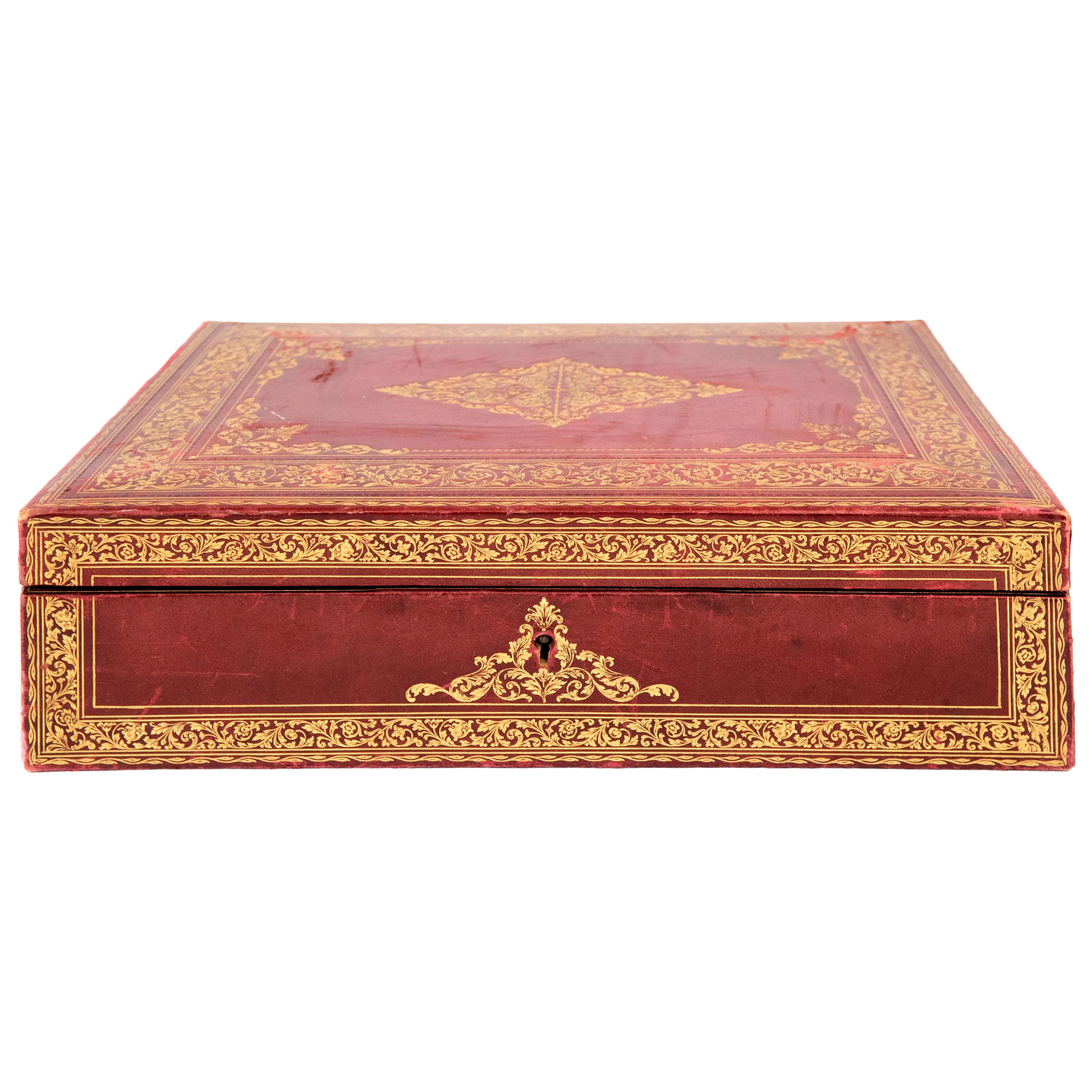 19th Century Italian Stamped and Gilt Red Leather Box with Suede Interior For Sale