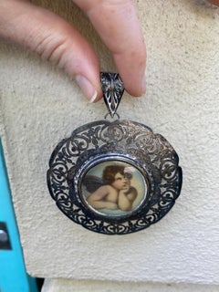 19th Century Italian Sterling Silver Filigree Framed Gouache Angel