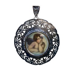19th Century Italian Sterling Silver Filigree Framed Gouache Angel