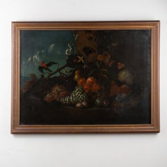 19th Century Italian Still Life Oil on Canvas Painting with Fruits and Bird
